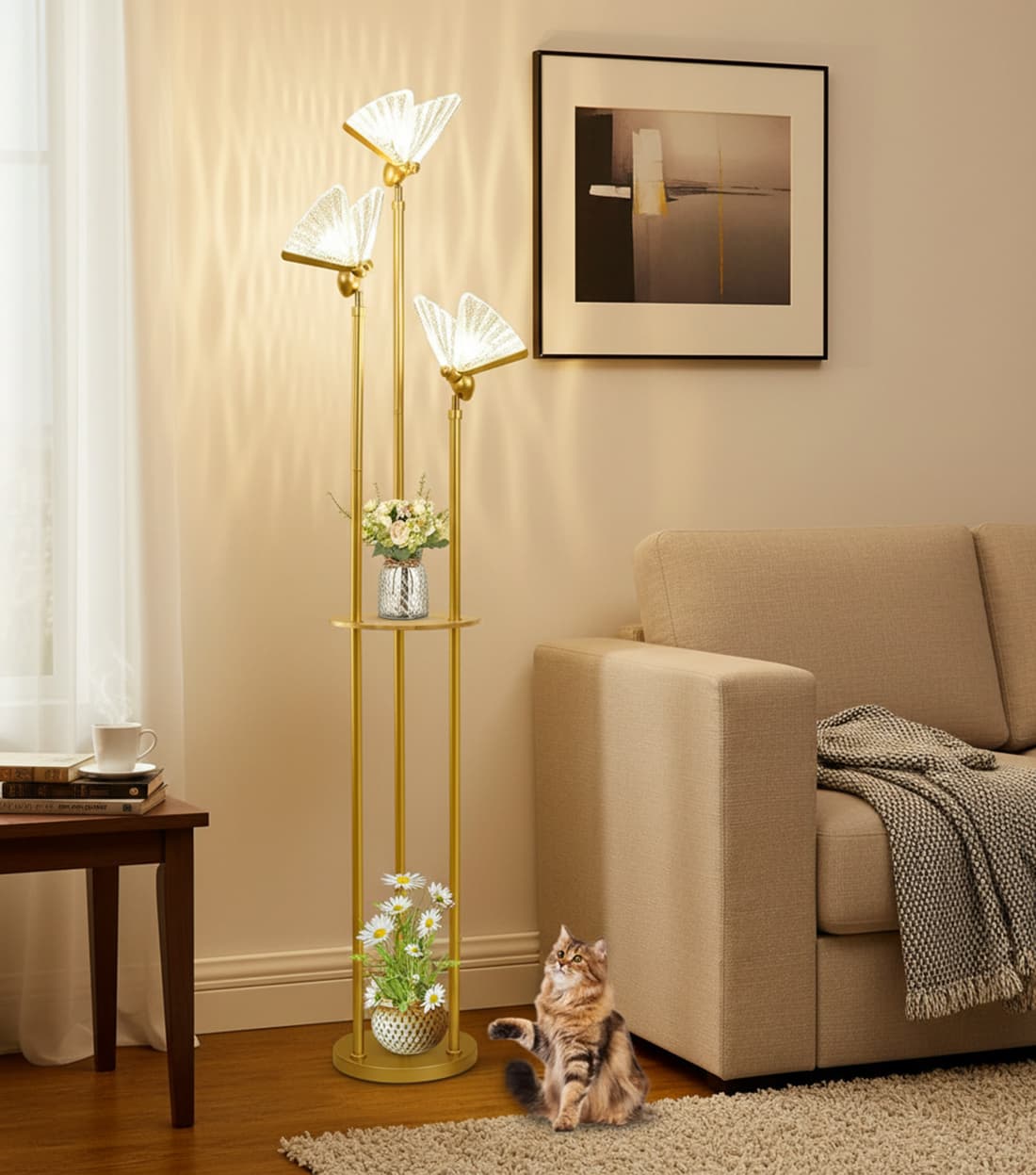 Alt View 4. FINEAK - Gold Floor Lamp with Shelves & Table - 3 Adjustable LED Butterfly Lights ,Brass Standing Corner Lamp with On/Off Switch - Gold.