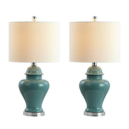 Front. Jonathan Y - Qin 22" Ceramic/Iron Classic Cottage LED Table Lamp, White (Set of 2) - White.