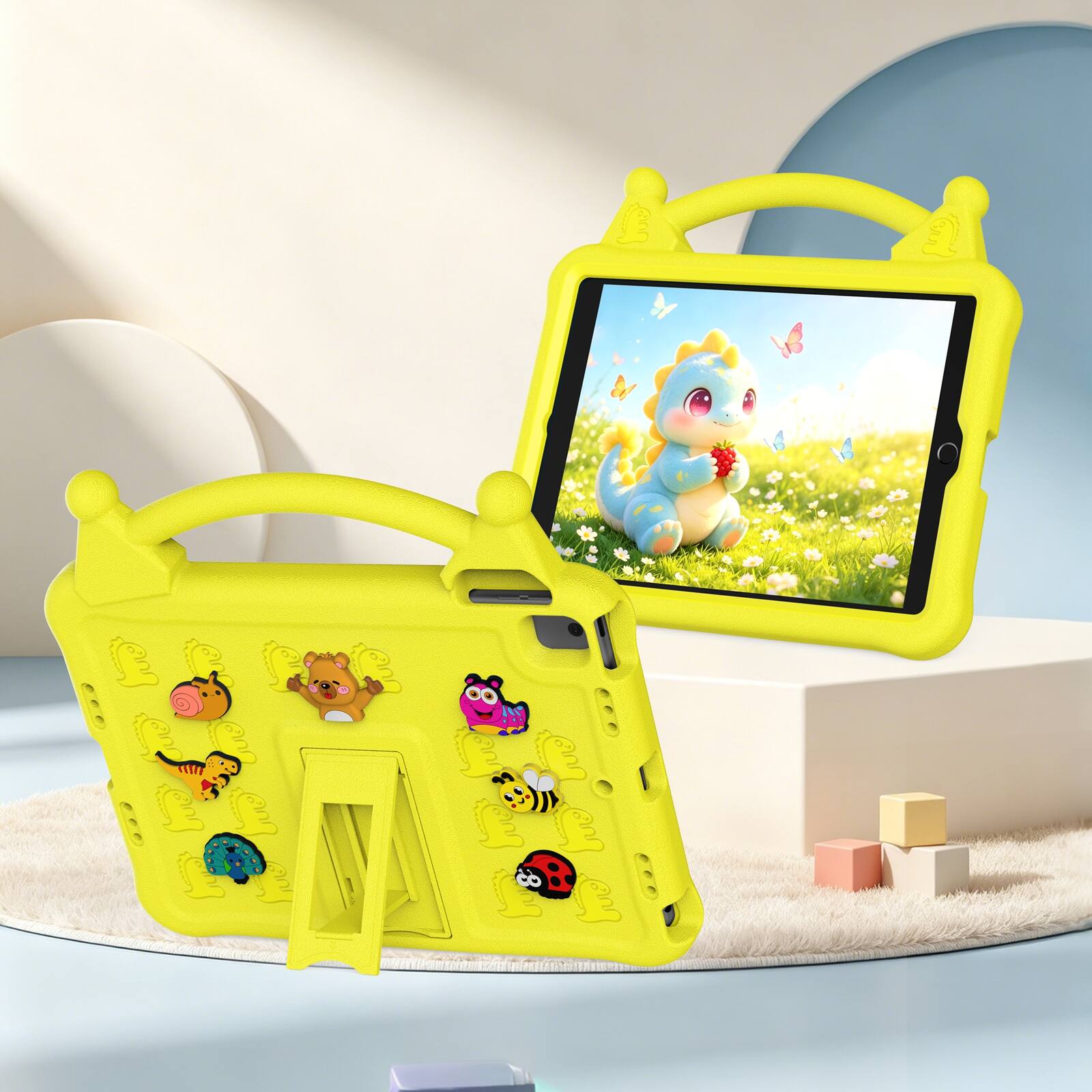 Angle. UUCOVER - Kids Case for iPad 9th 8th 7th Generation 10.2-inch (2021/2020/2019) ,Shockproof EVA Case with Handle Kickstand Cover - Yellow.
