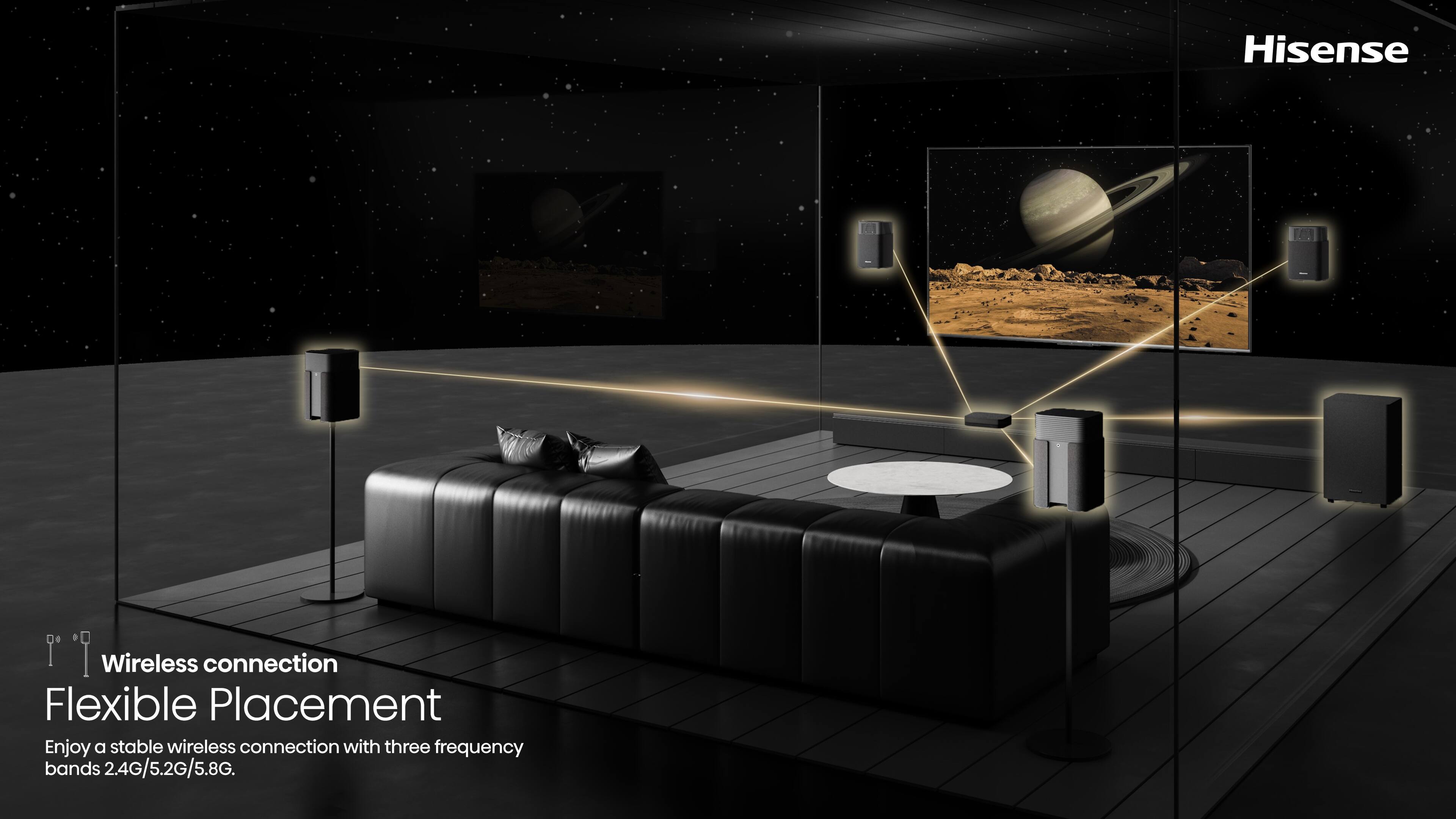 Hisense Wireless Connection Flexible Placement Enjoy a stable wireless connection with three frequency bands: 2.4G/5.2G/5.8G.