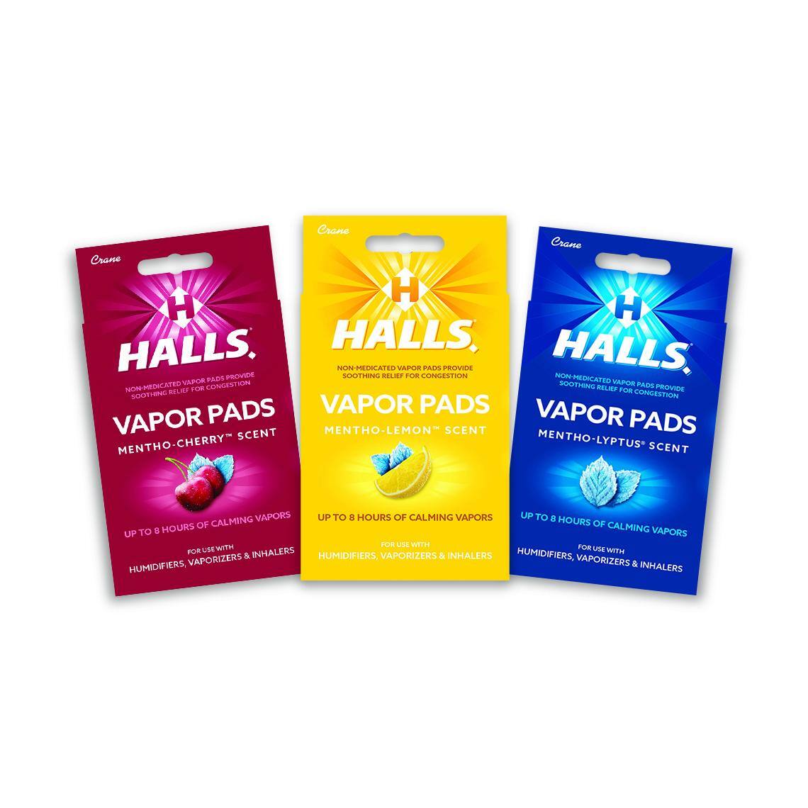 Crane Halls Vapor Pads provide non-medicated vapor for congestion relief. They come in three scents: Mentho-Cherry, Mentho-Lemon, and Mentho-Lyptus. Each pack offers up to 8 hours of calming vapors and is for use with humidifiers, vaporizers, and inhalers.