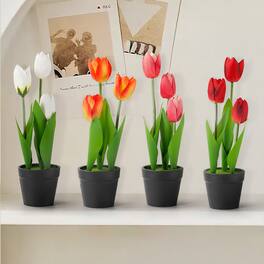 Oumilen - 4 Pack Artificial Tulips with Black Pots - Faux Flowers for Home/Office Decor, Realistic Fake Tulip Arrangement