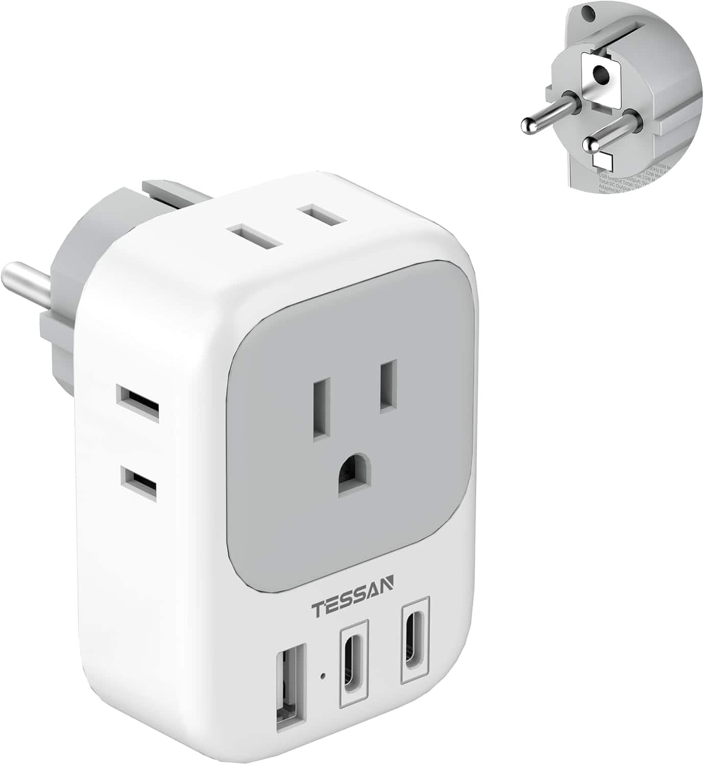 TESSAN - US to Europe Plug Adapter with 4 Outlets 3 USB Ports (2 USB C),Type E/F Plug Adapter - Grey white