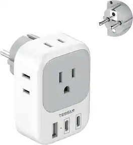 TESSAN - US to Europe Plug Adapter with 4 Outlets 3 USB Ports (2 USB C),Type E/F Plug Adapter - Grey white