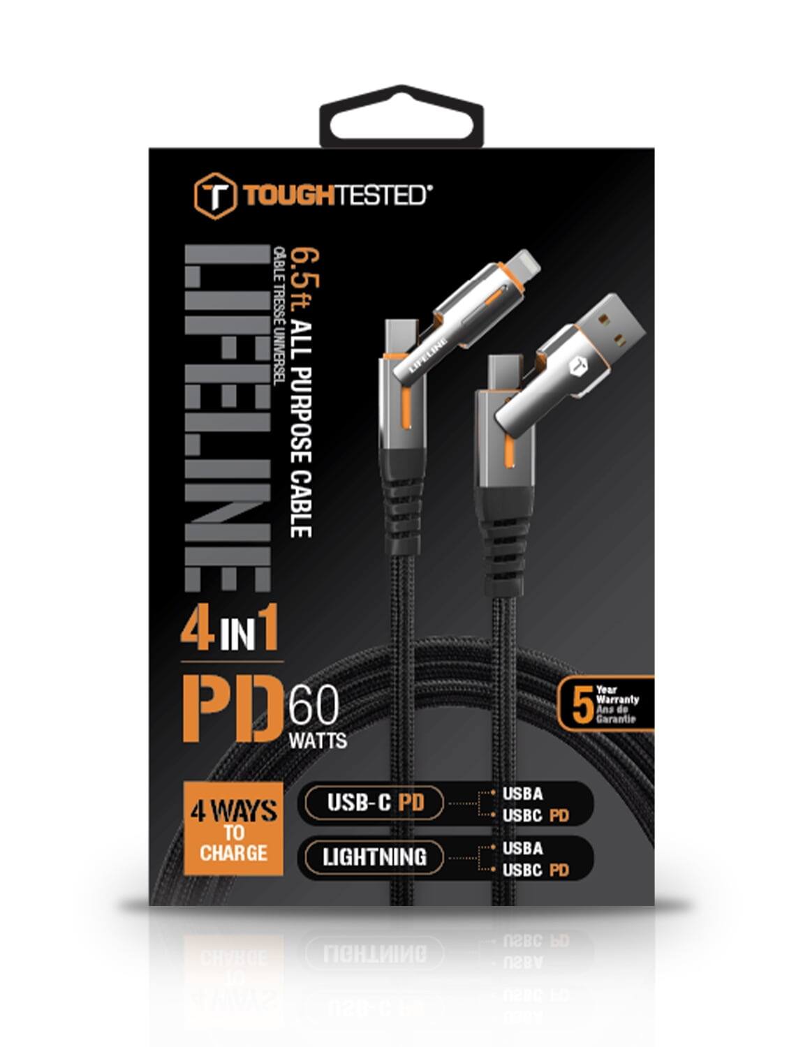 TOUGH TESTED CABLE 6.5ft. TRESSE UNIVERSEL ALL LIFELINE PURPOSE CABLE 4 IN 1 PD60 60 WATTS. 5 Year Warranty. 4 WAYS TO CHARGE: USB-C PD, LIGHTNING, USBA, USBC PD.