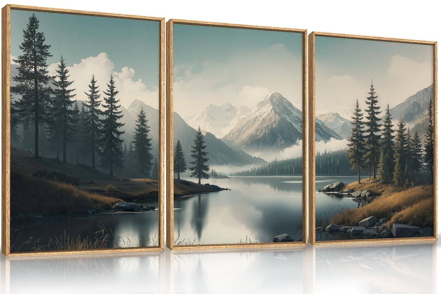 Front. Fabibe - 16''x24''x3 Minimalist Dark Floral Art Minimalist Wall Art Framed Canvas Wall Art - Mountain Misty Lake Wall Art 24"L x 16"W.