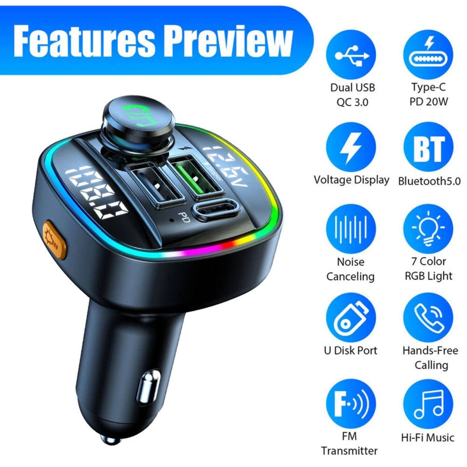 Features Preview

- Dual USB QC 3.0
- Type-C PD 20W
- Voltage Display
- Bluetooth 5.0
- Noise Canceling
- 7 Color RGB Light
- U Disk Port
- Hands-Free Calling
- FM Transmitter
- Hi-Fi Music