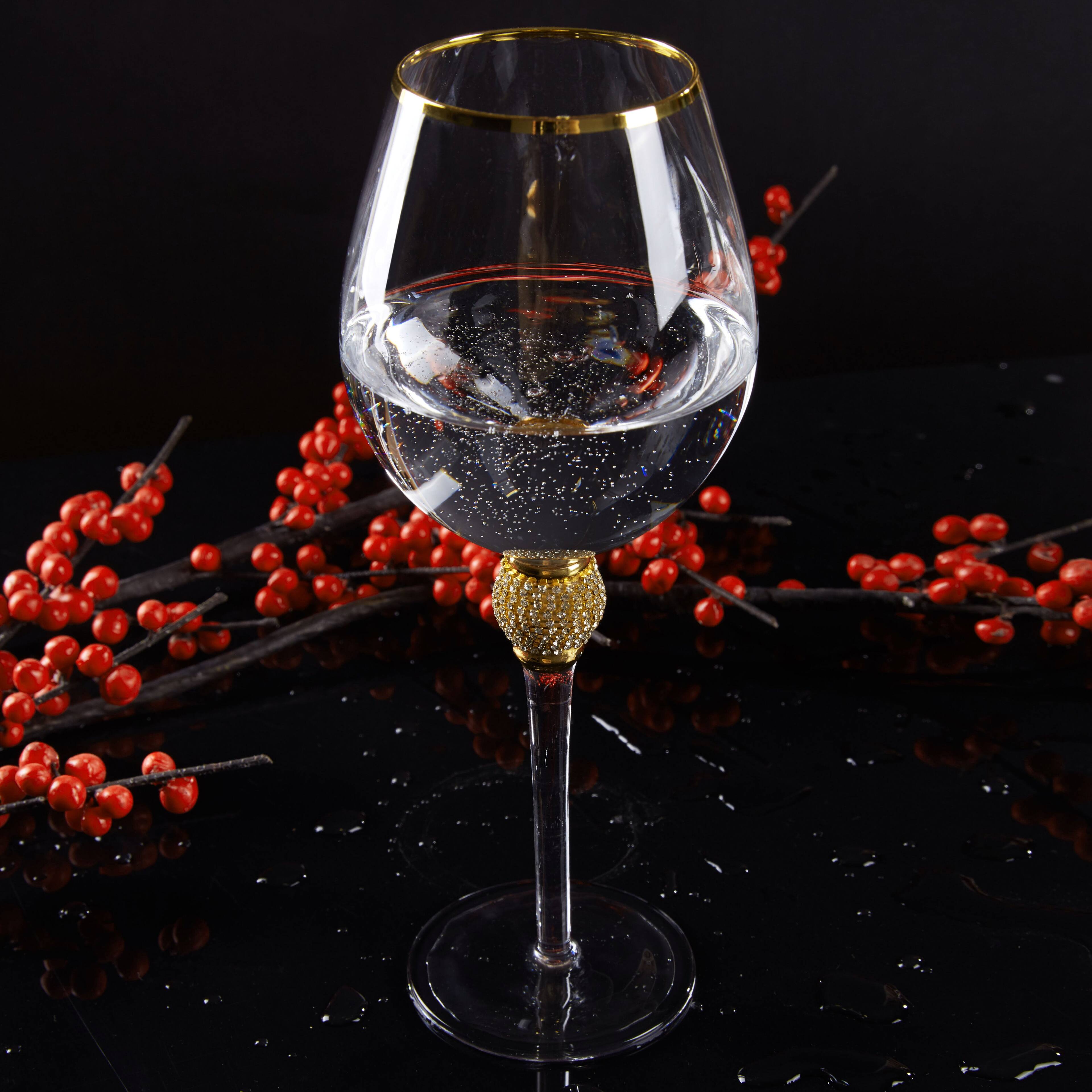 Alt View 10. Berkware - Premium Wine Glasses Set of 2 - Crystal Long Stem Wine Glass with Gold Rim & Rhinestone Design - 18 oz - Gold.