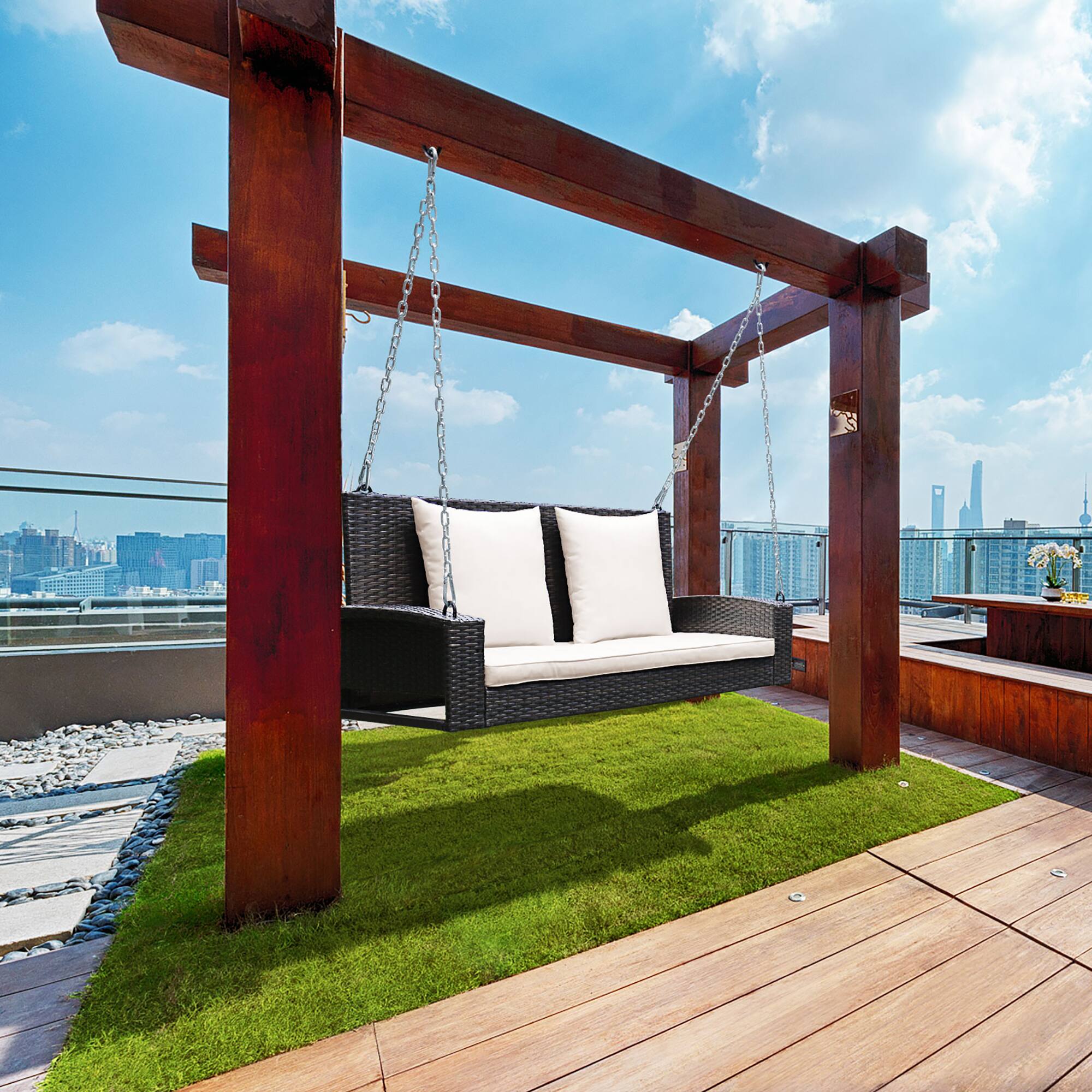 Alt View 2. Costway - Costway 2-Person Patio Rattan Hanging Porch Swing Bench Chair Cushion - Beige.