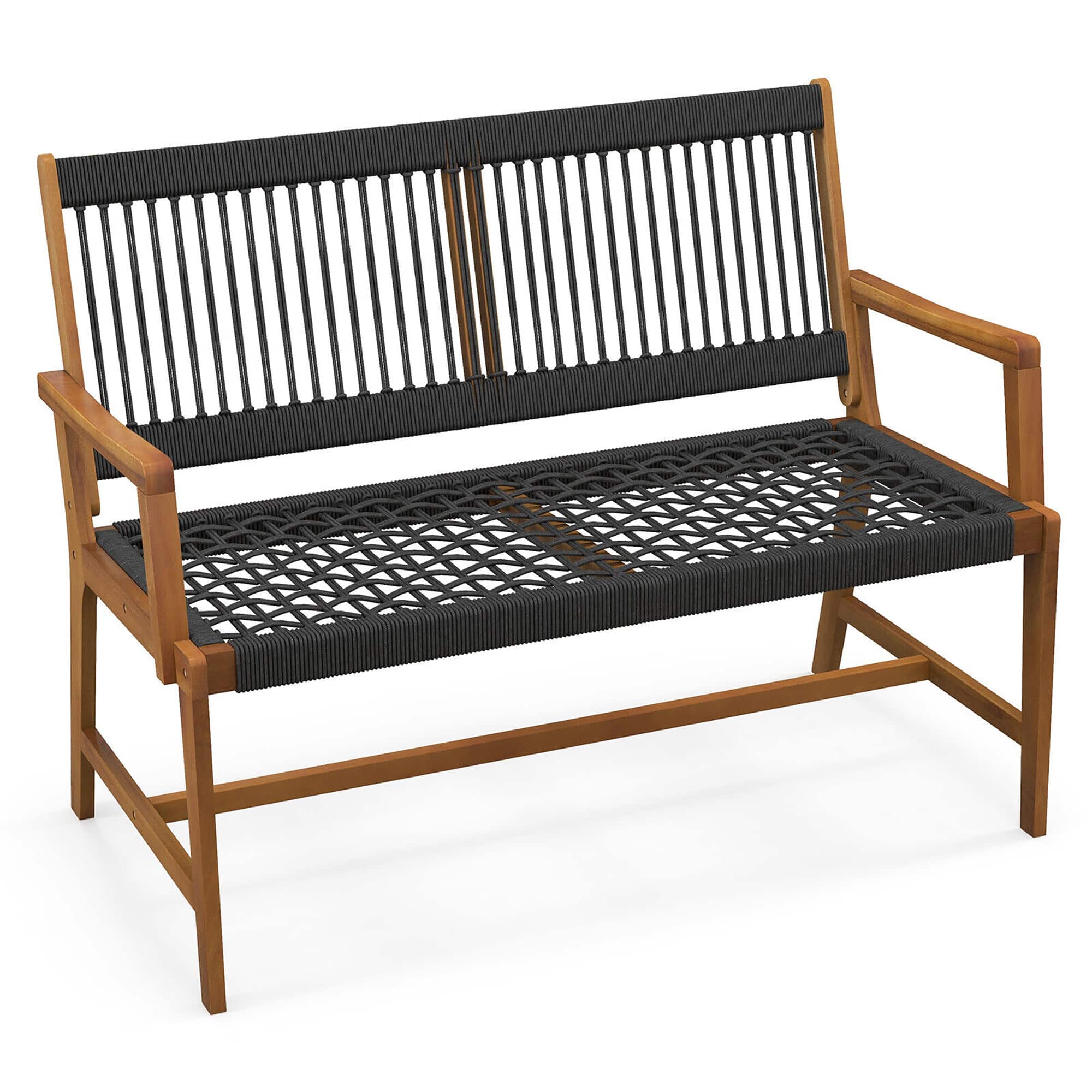 Gymax - Patio 2-Person Acacia Wood Bench All-Weather Rope Woven Outdoor Garden Natural - Black, Natural