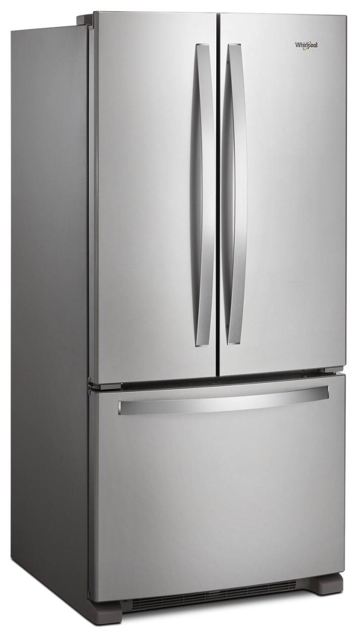 Left. Whirlpool - 22 cu. ft. French Door Refrigerator with Humidity-Controlled Crispers - Fingerprint Resistant Stainless Steel.