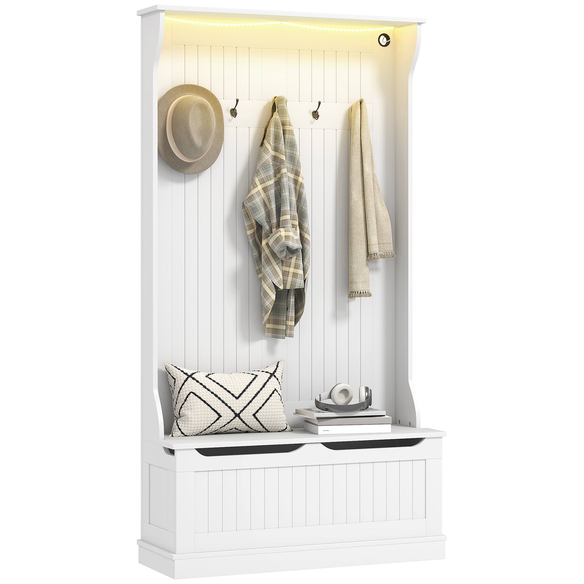 Alt View 1. Homcom - 3-In-1 Hall Tree with LED Lights and Shoe Storage, Standing Coat Rack with Shoe Bench, Entryway Furniture - White.
