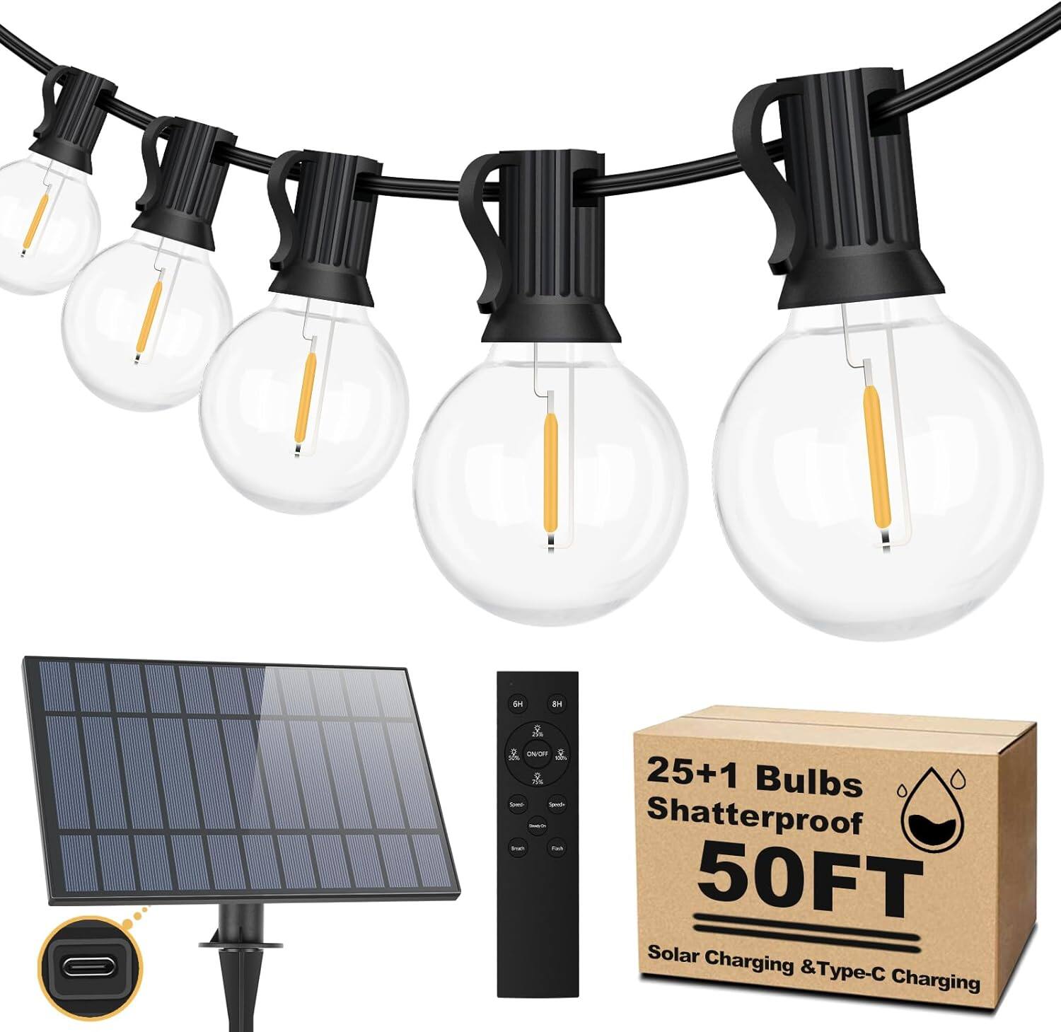 25+1 Bulbs Shatterproof
50FT
Solar Charging & Type-C Charging