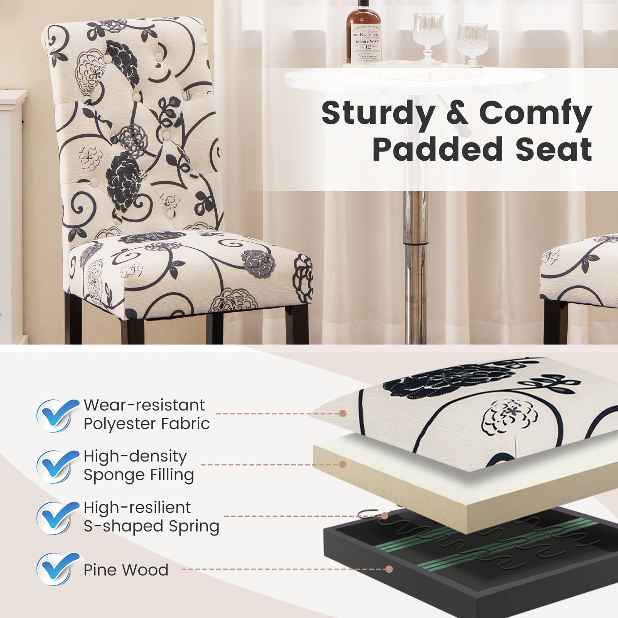 Sturdy & Comfy Padded Seat

- Wear-resistant Polyester Fabric
- High-density Sponge Filling
- High-resilient S-shaped Spring
- Pine Wood