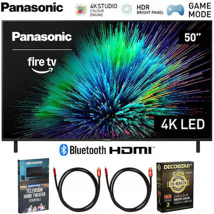 Panasonic 50" Fire TV 4K LED
- 4K Studio Colour Engine
- HDR Bright Panel
- Game Mode
- Bluetooth
- HDMI
- DecoGear Beginner's Guide: Television Home Theater Essentials
- DecoGear CPS Bundle (26 Month Premium Protection Plan)
- Exclusive Gear HDMI Cables