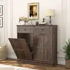 Front. Espafurni - 20Gallon Double Trash Can Cabinet - Farmhouse Wood, Drawers, Tilt - Out Laundry Hamper - Brown.