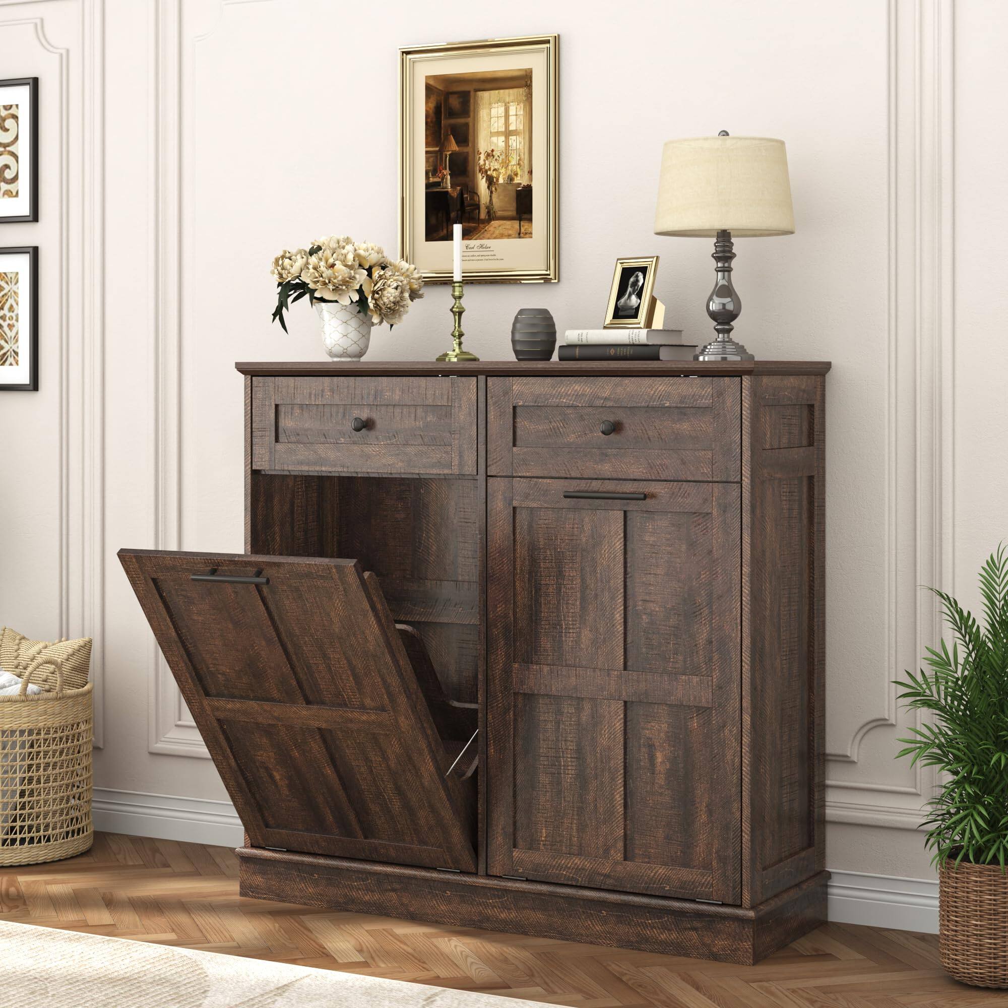 Front. Espafurni - 20Gallon Double Trash Can Cabinet - Farmhouse Wood, Drawers, Tilt - Out Laundry Hamper - Brown.