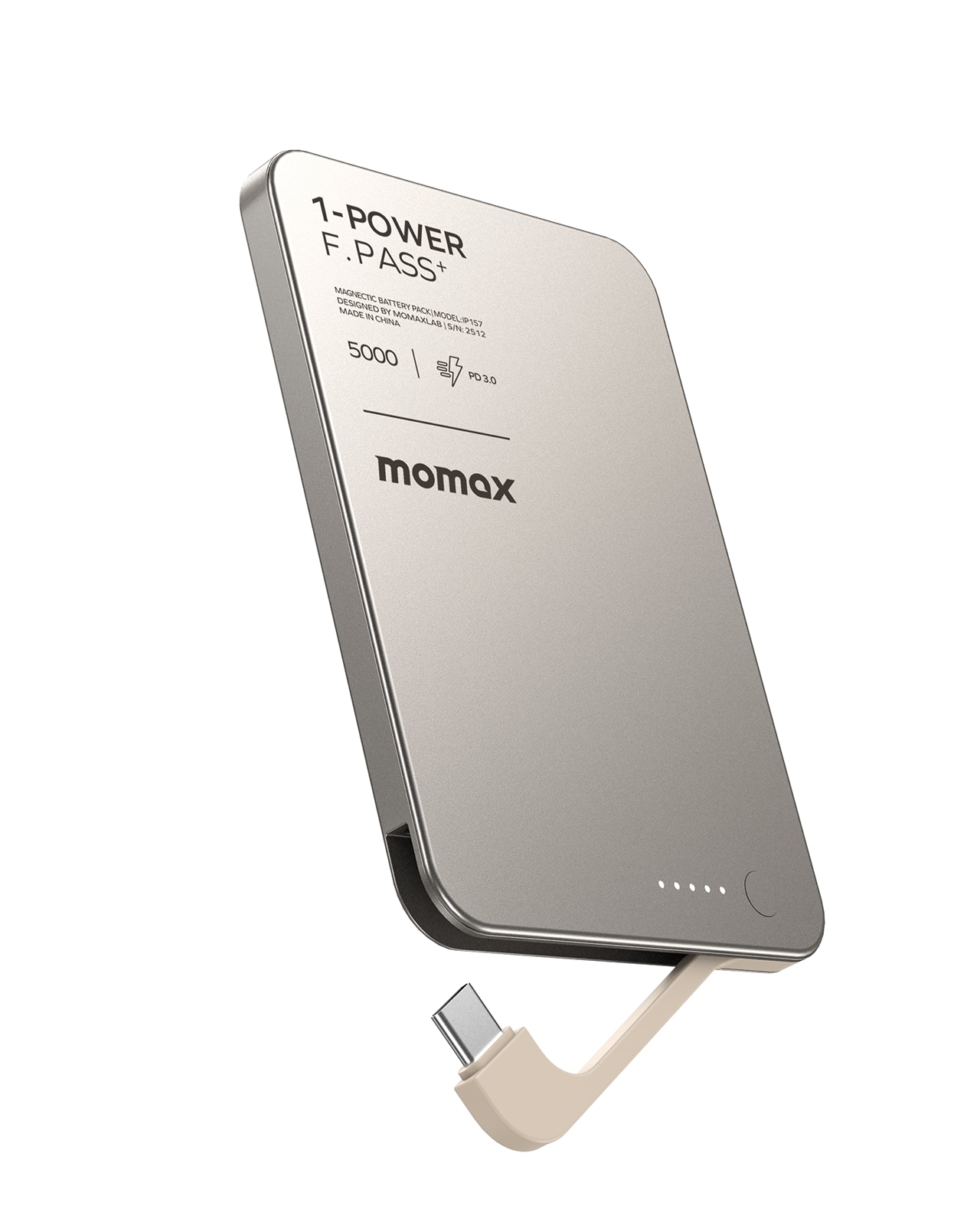 Momax - Ultra-Slim 5000mAh Portable Power Bank with Built-in USB-C Cable, PD 20W Fast Charging (No Wireless,No Lightning) - Titanium