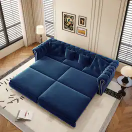 Anysun - 89" 3-in-1 Velvet Chesterfield Pull-Out Sofa Bed - King Size Sleeper, Movable Ottoman, Tufted Design - Blue