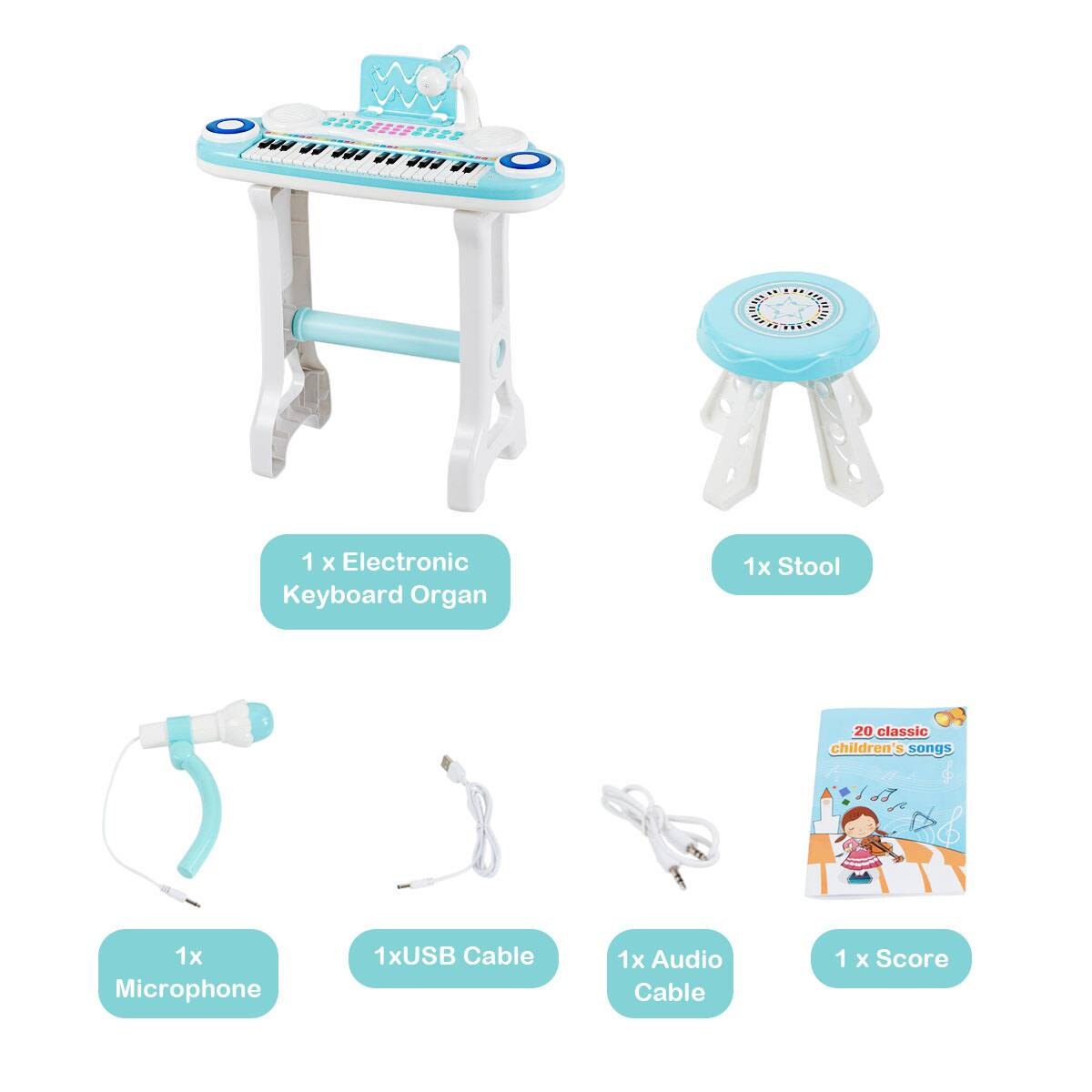 1 x Electronic Keyboard Organ 1 x Stool 20 classic children's songs 1 x Microphone 1 x USB Cable 1 x Audio Cable 1 x Score