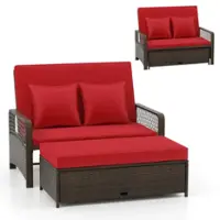 Costway Patio Rattan Daybed Wicker Loveseat Sofa with Multifunctional Ottoman - Mix Brown + Red - Front_Zoom