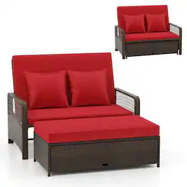Costway - Patio Rattan Daybed Wicker Loveseat Sofa with Multifunctional Ottoman - Mix Brown + Red