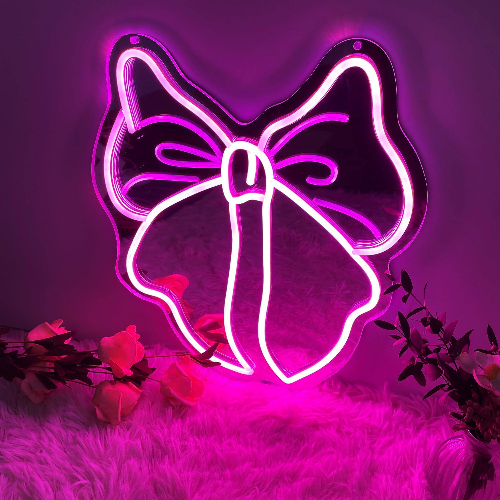 Back. Comfort Essence - Bow Mirror Neon Sign Lighted Wall Decor For Makeup Vanity Aesthetic Gift Her 15" 12 7" Unique DesignWall - Baby Pink D-Bow-Large.