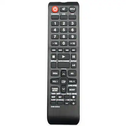 - DISPLAY TUNER/AUX USB CD 1 2 3 4 5 6 7 8 9 0 +10 H4 D REPEAT AUTO CHANGE REPEAT A-B TUNING GIGA EQ VOL - VOL + CO REC SPEED TUNING MO/ST MODE TIMER TIMER SGALEN DELETE USB REC ON/OFF SET SLEEP MY KARAOKE MIC VOL - AH59-02554A