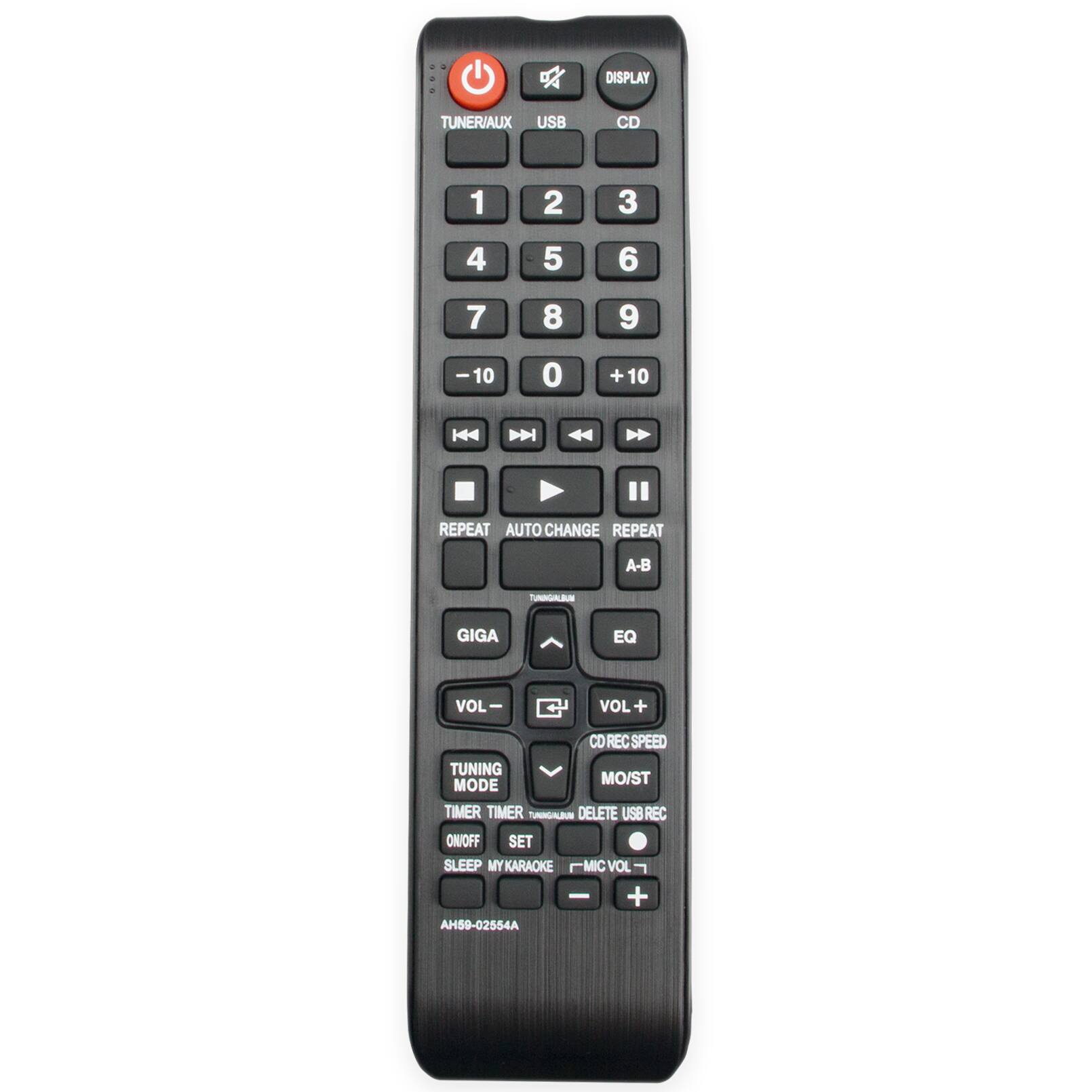 - DISPLAY TUNER/AUX USB CD 1 2 3 4 5 6 7 8 9 0 +10 H4 D REPEAT AUTO CHANGE REPEAT A-B TUNING GIGA EQ VOL - VOL + CO REC SPEED TUNING MO/ST MODE TIMER TIMER SGALEN DELETE USB REC ON/OFF SET SLEEP MY KARAOKE MIC VOL - AH59-02554A