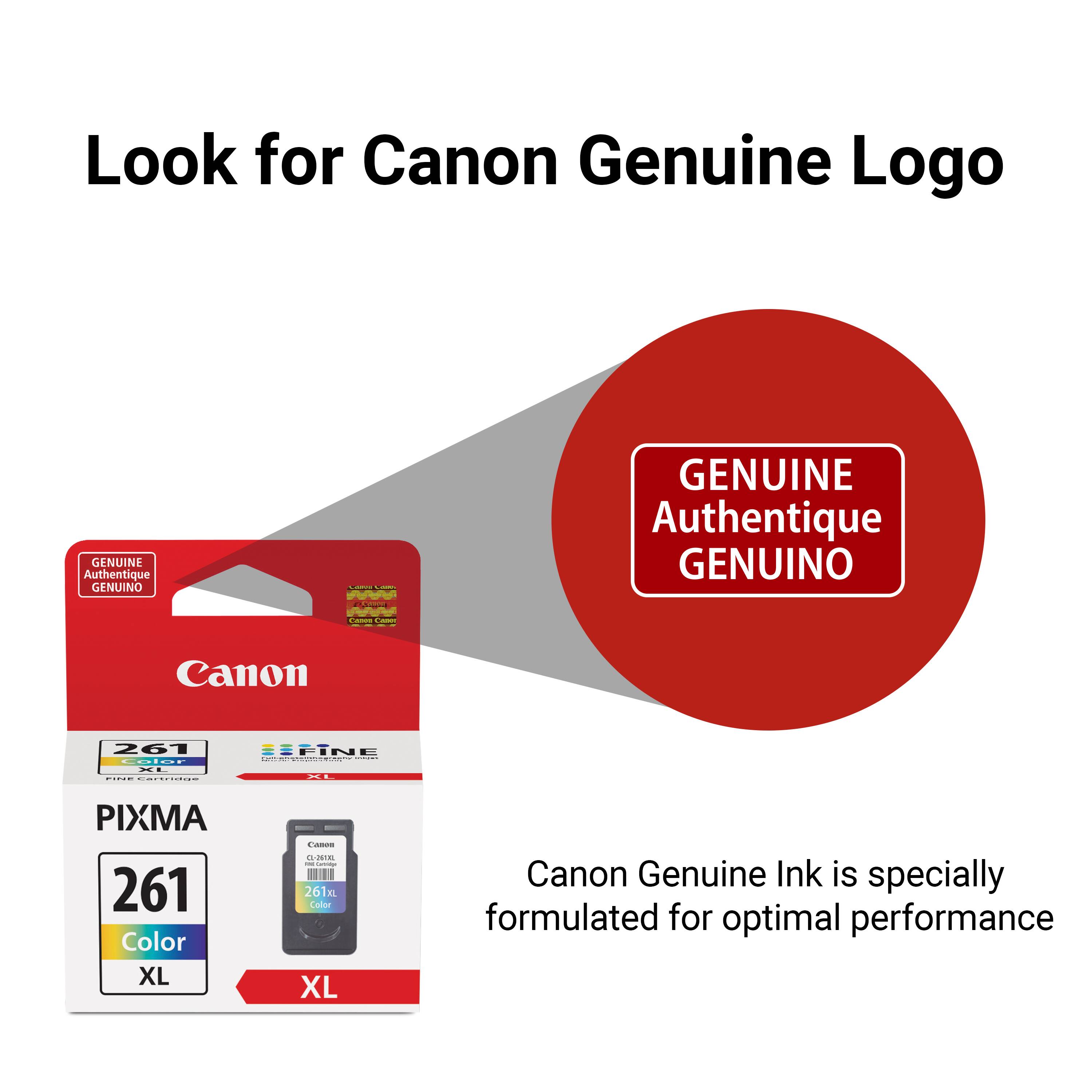 Look for Canon Genuine Logo GENUINE Authentique GENUINO Canon 261 elnr . . . PIXMA 261 Color XL Canon Genuine Ink is specially formulated for optimal performance.