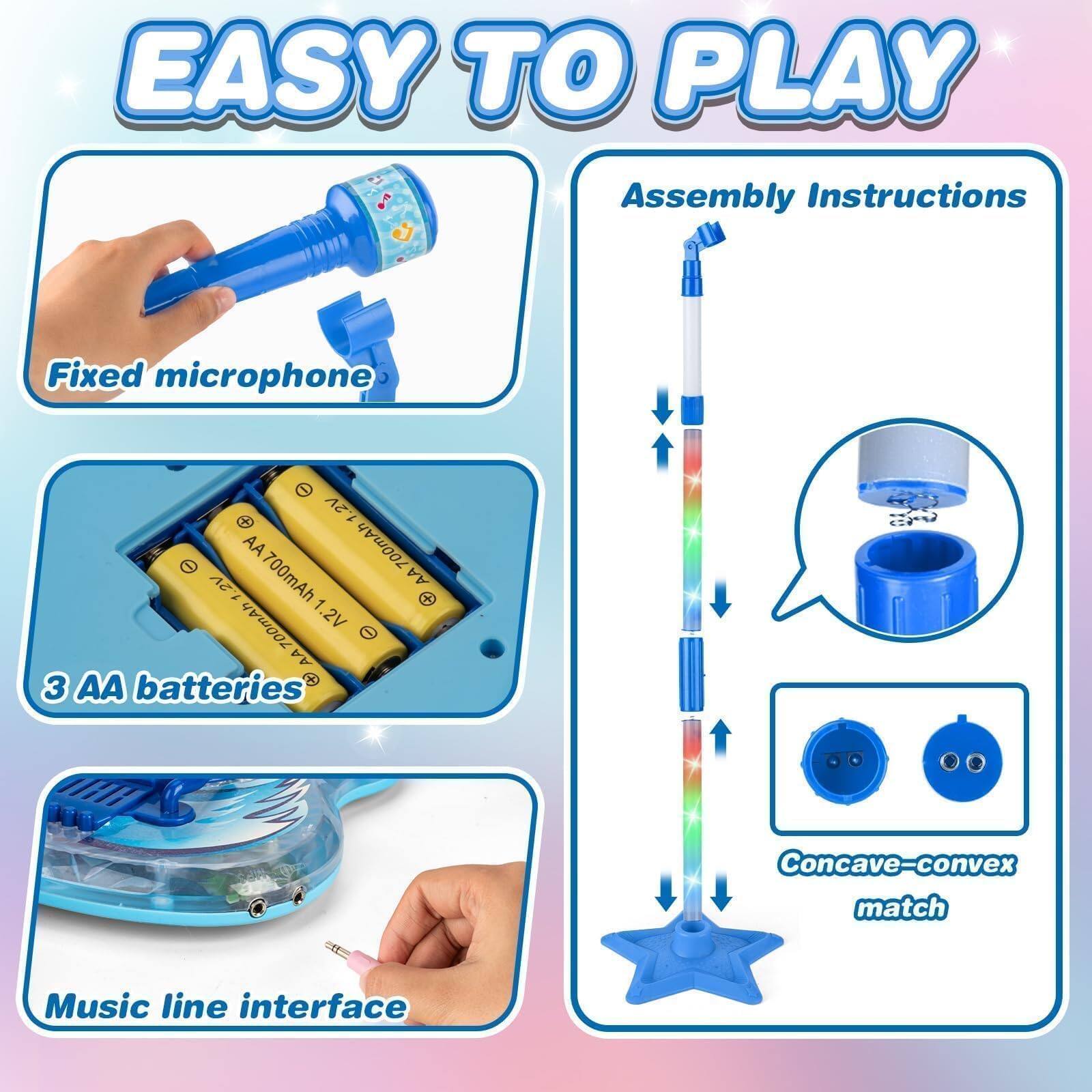 **EASY TO PLAY**

**Assembly Instructions**

- Fixed microphone
- 3 AA batteries
- Music line interface
- Concave-convex match