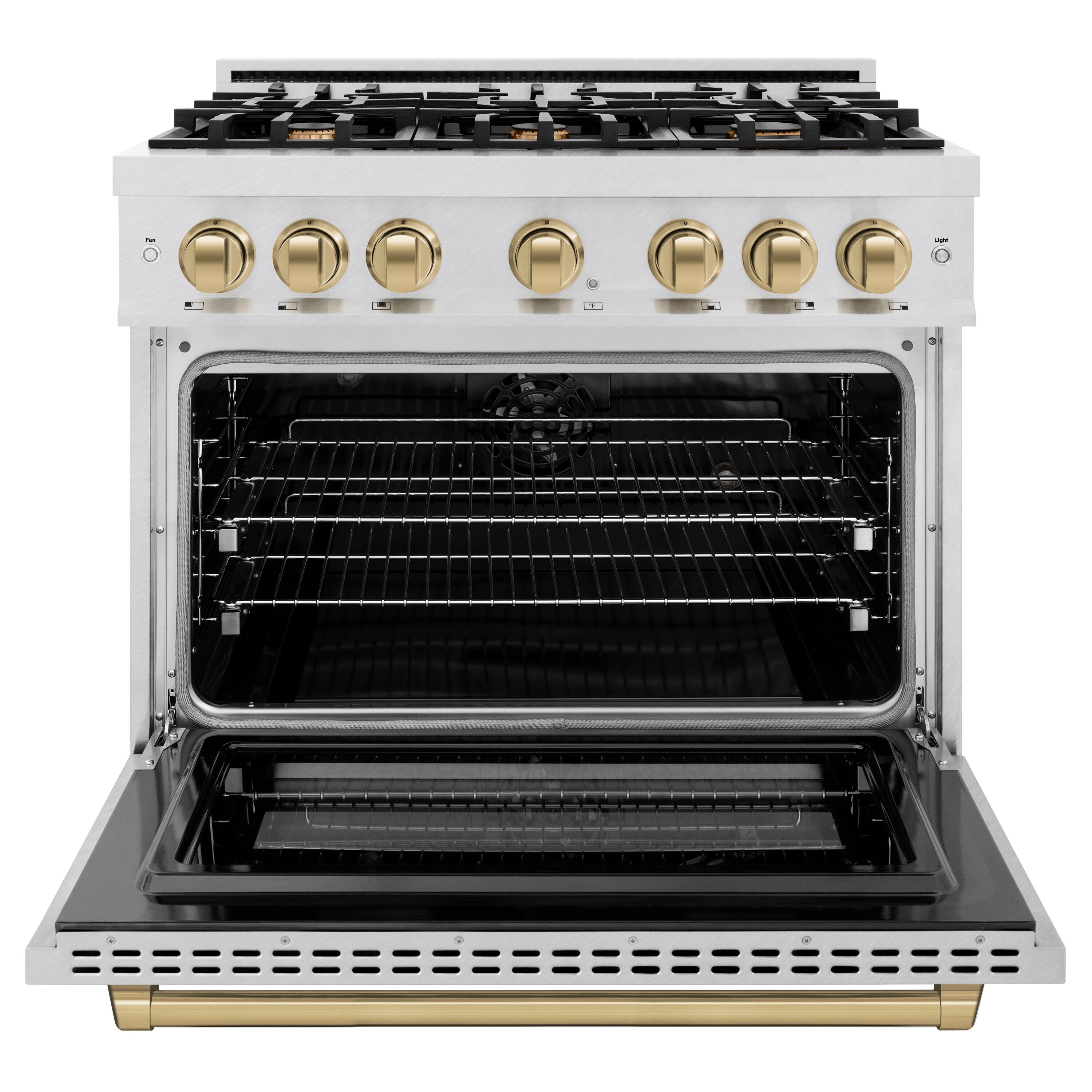Left. ZLINE - ZLINE Autograph 36 in. Select Dual Fuel Satin Steel Range w/ 6 Burners & Bronze Accents (HDRSZ-36-CB) - Stainless Steel.