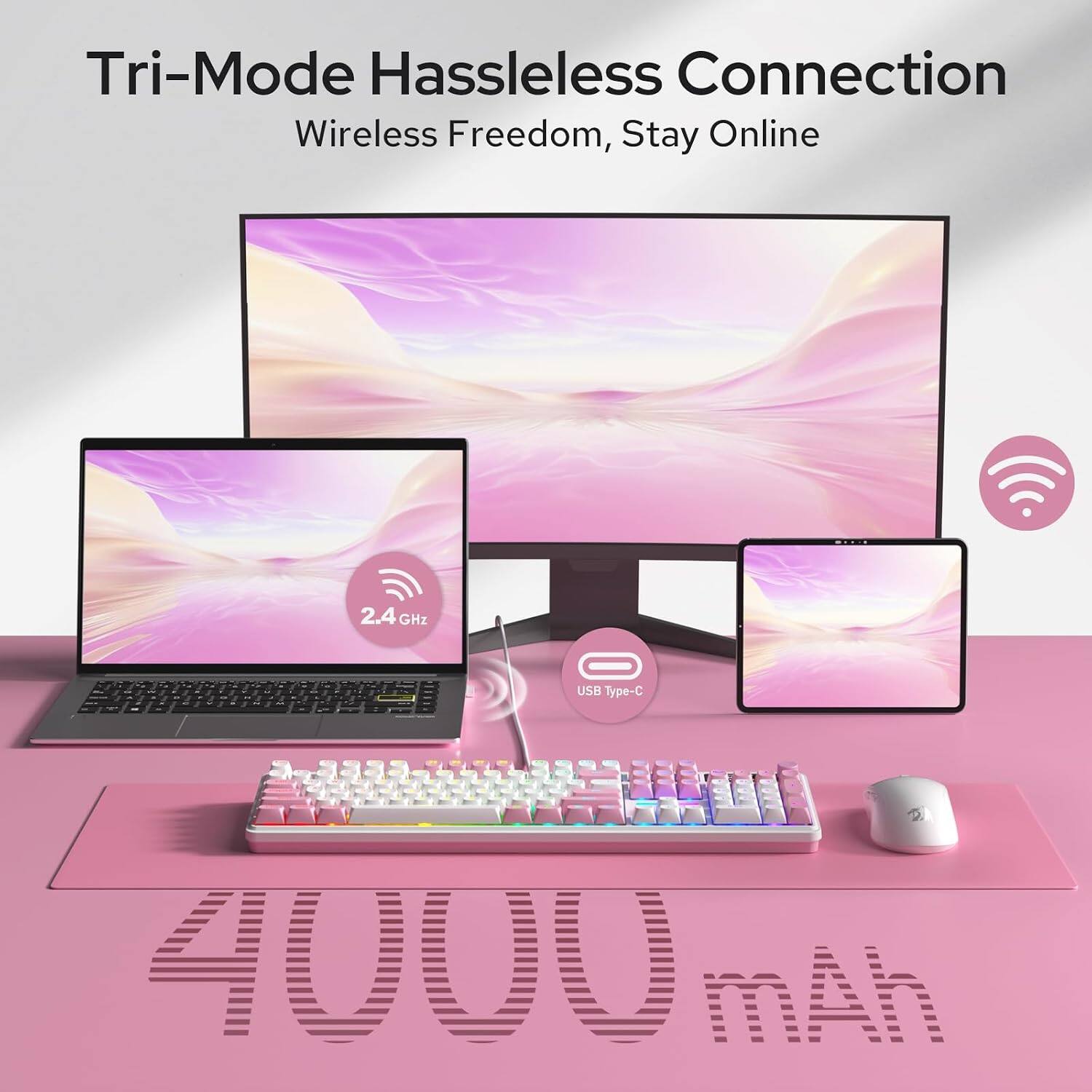Tri-Mode Hassleless Connection Wireless Freedom, Stay Online

2.4GHz

USB Type-C

4000mAh