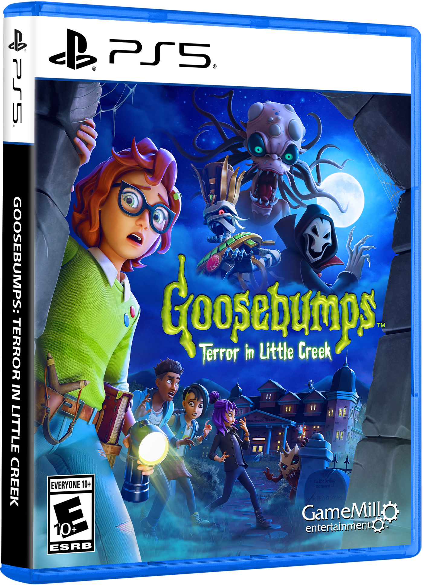 Goosebumps: Terror in Little Creek is a video game for the PlayStation 5 console. It is rated E for Everyone and is based on the popular Goosebumps book series by R.L. Stine. The game features a group of characters, including a girl with glasses, who are exploring the spooky town of Little Creek. The game is developed by GameMill Entertainment and offers a thrilling and entertaining experience for players of all ages.
