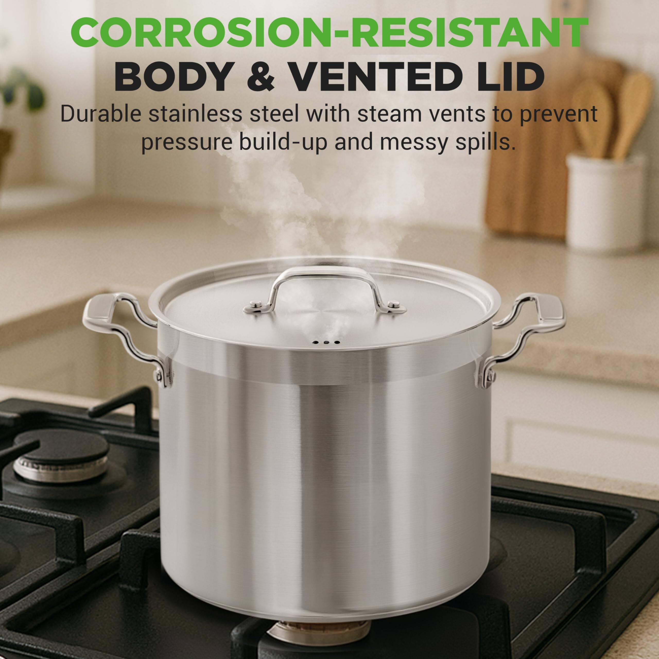 CORROSION-RESISTANT BODY & VENTED LID  
Durable stainless steel with steam vents to prevent pressure build-up and messy spills.