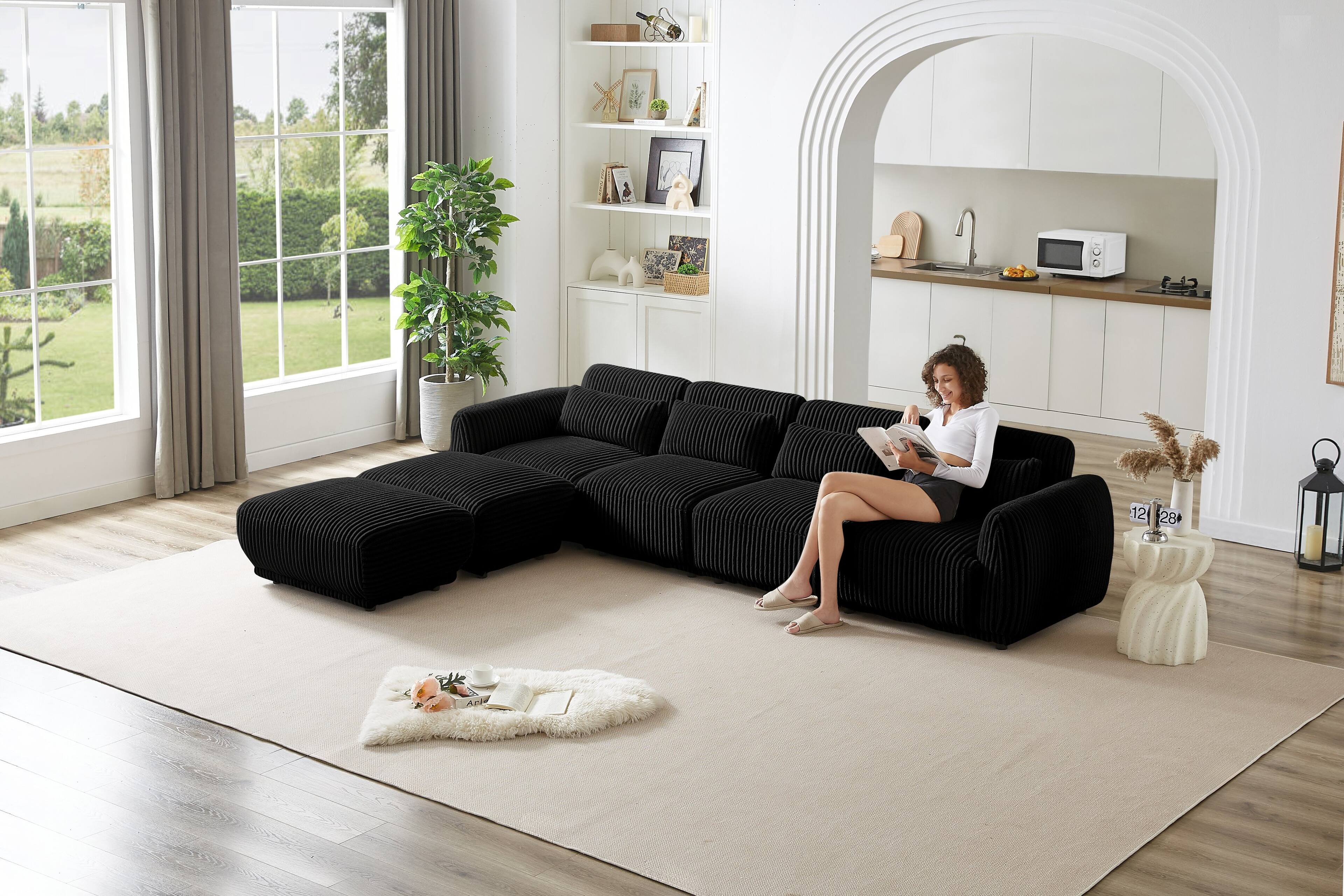 Angle. Electra Tech Xpress - Corduroy Fabric Sectional Sofa,Convertible U Shaped Sectional for Living Room,Modular Couch with Removable Ottoman - Black.