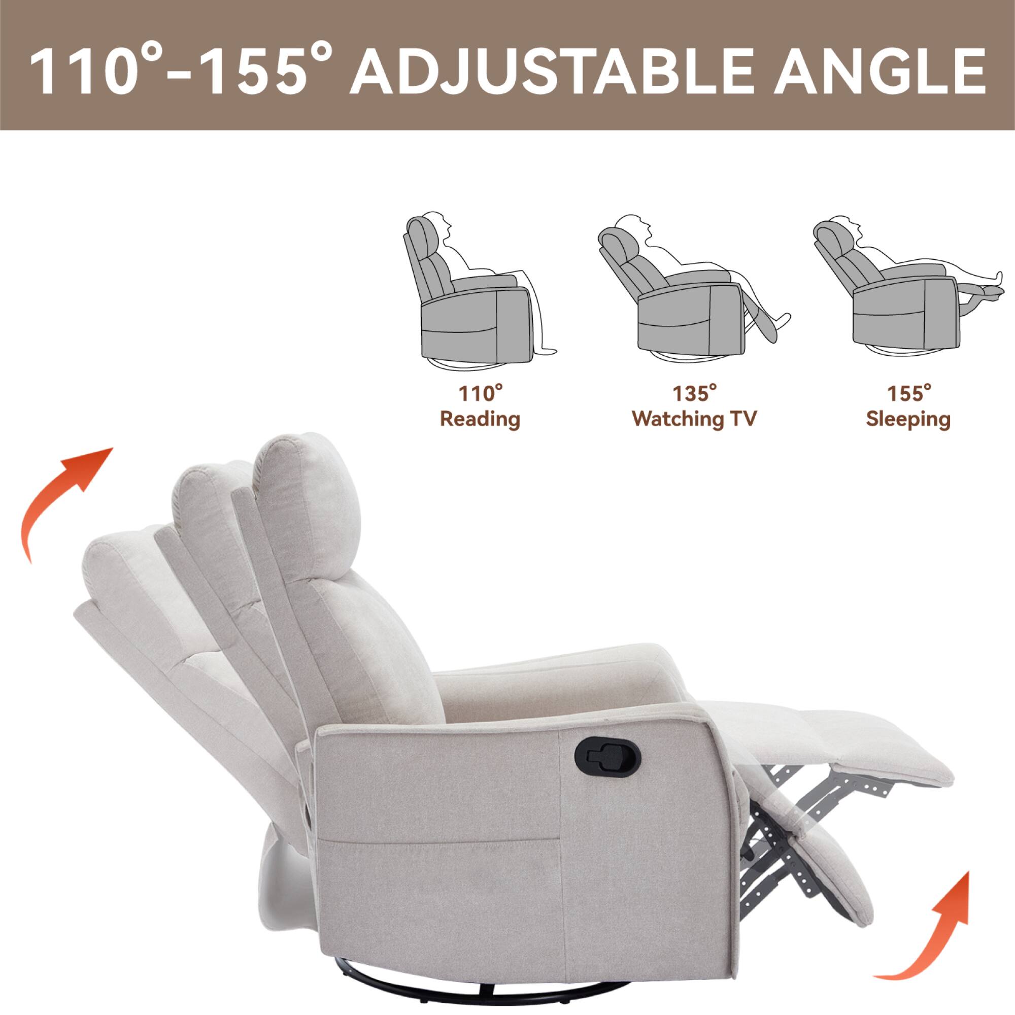 110°-155° Adjustable Angle

110° Reading  
135° Watching TV  
155° Sleeping