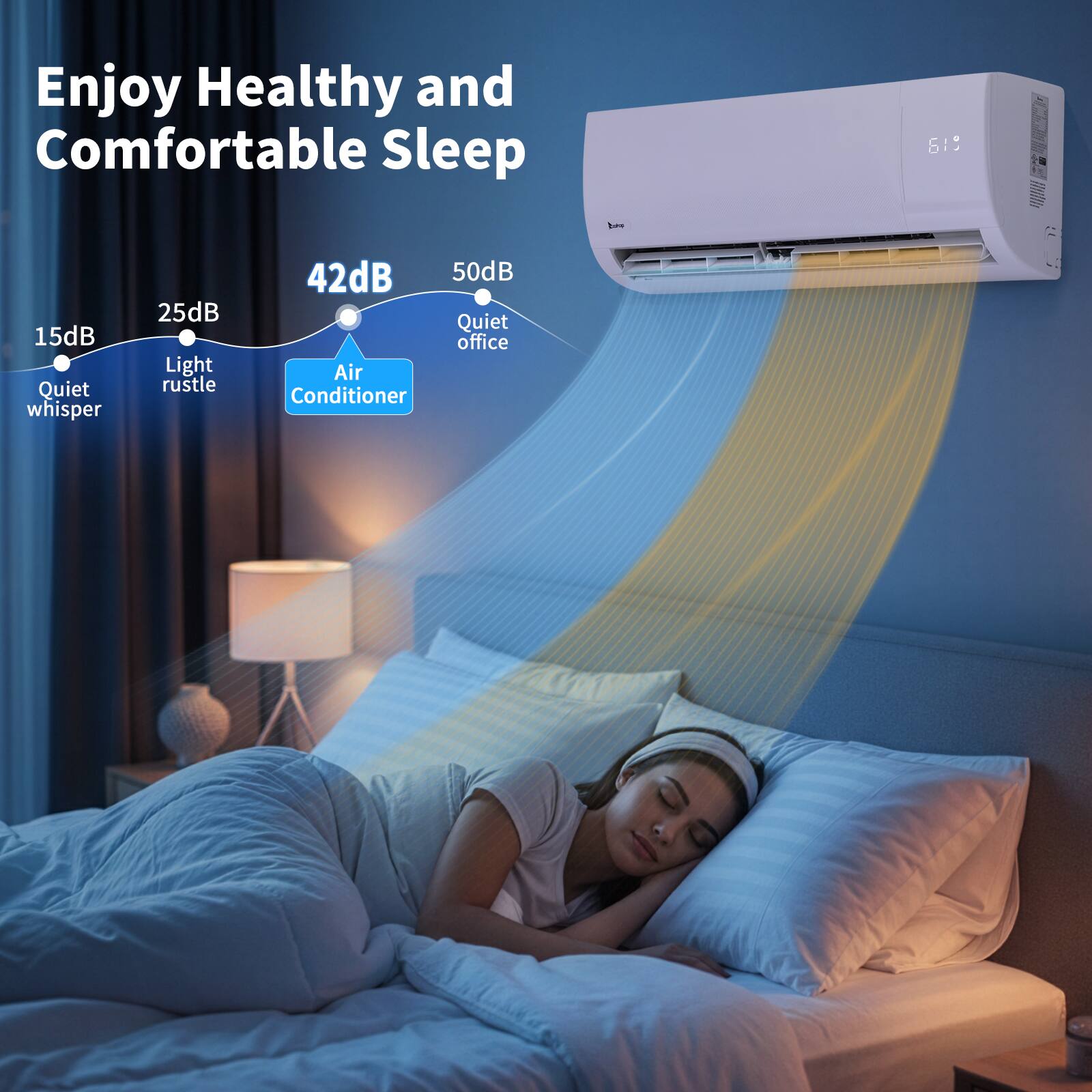 Enjoy Healthy and Comfortable Sleep

15dB Quiet whisper  
25dB Light rustle  
42dB  
50dB Quiet office  

Air Conditioner