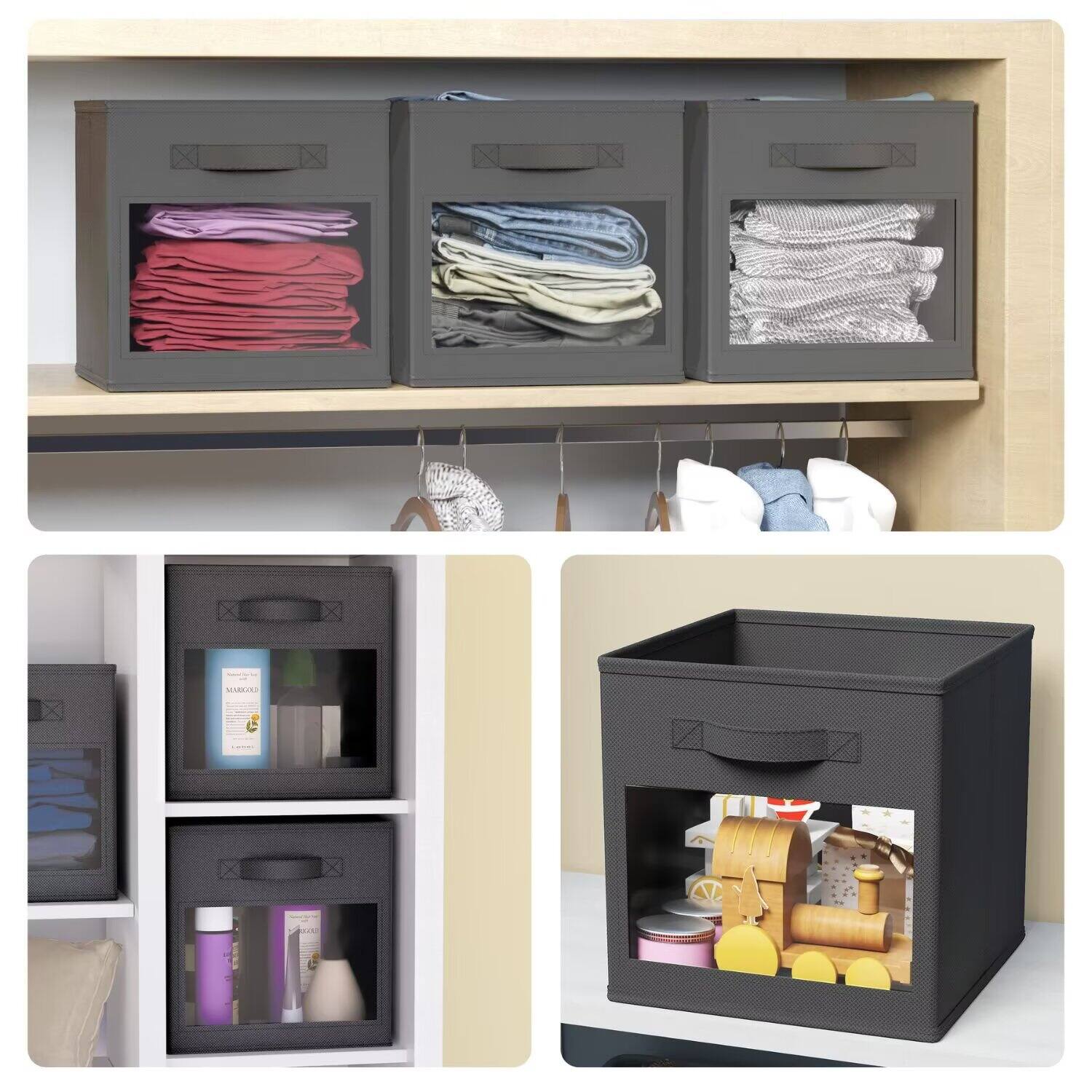 Angle. Tooloton - 6-Pack Clear Window Fabric Storage Cubes, 11 Inch Foldable Organizer Bins for Home, Grey - Grey.