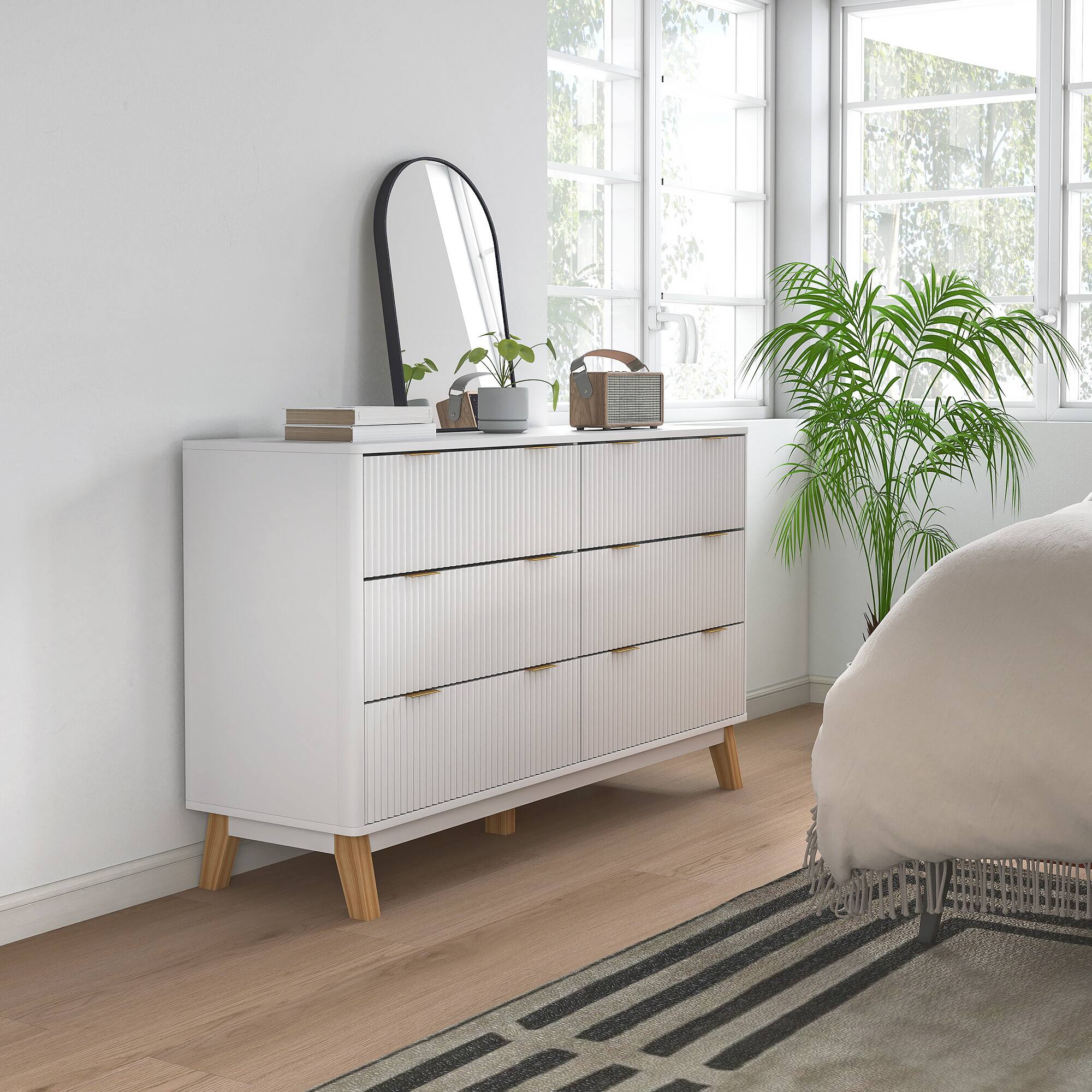 Alt View 8. Homcom - Fluted Dresser for Bedroom with 6 Drawers, 54" Wide Chest of Drawers with Gold Finger Pulls and 5 Wood Legs - White.