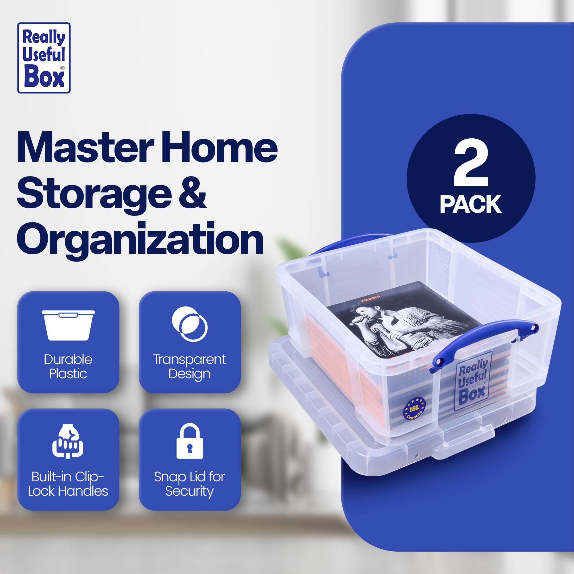 Really Useful Box  
Master Home Storage & Organization  

2 PACK  

- Durable Plastic  
- Transparent Design  
- Built-in Clip-Lock Handles  
- Snap Lid for Security