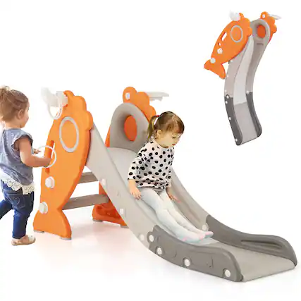 Front. Gymax - Gymax 4-in-1 Toddler Slide w/ Basketball Hoop & Ball Ring Toss Game Easy Assembly - Orange, White, Gray.