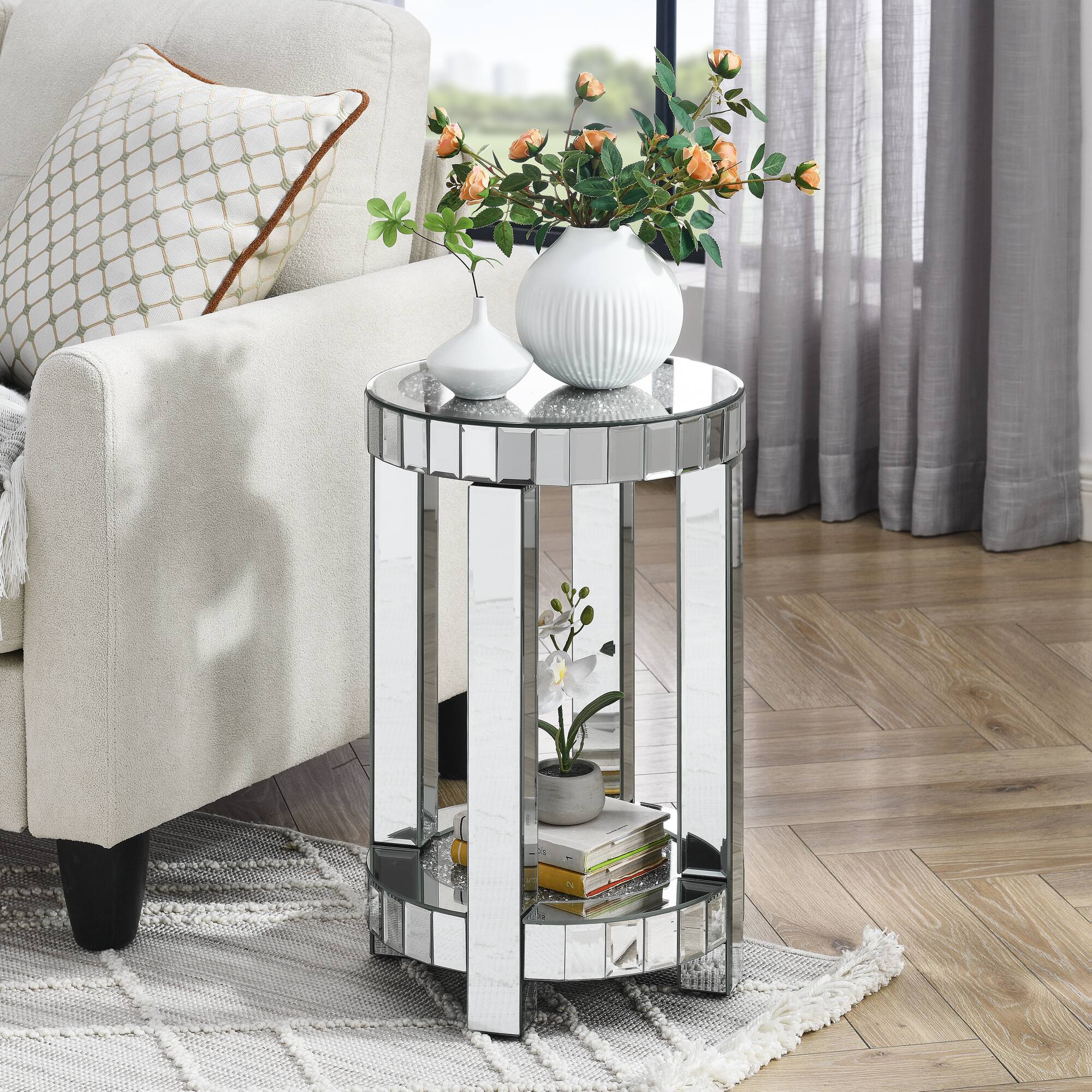 APRILSOUL - Silver Mirrored Coffee Table Black Vintage Carved Wooden Rectangle Glass Tea Table Modern Center Table - White