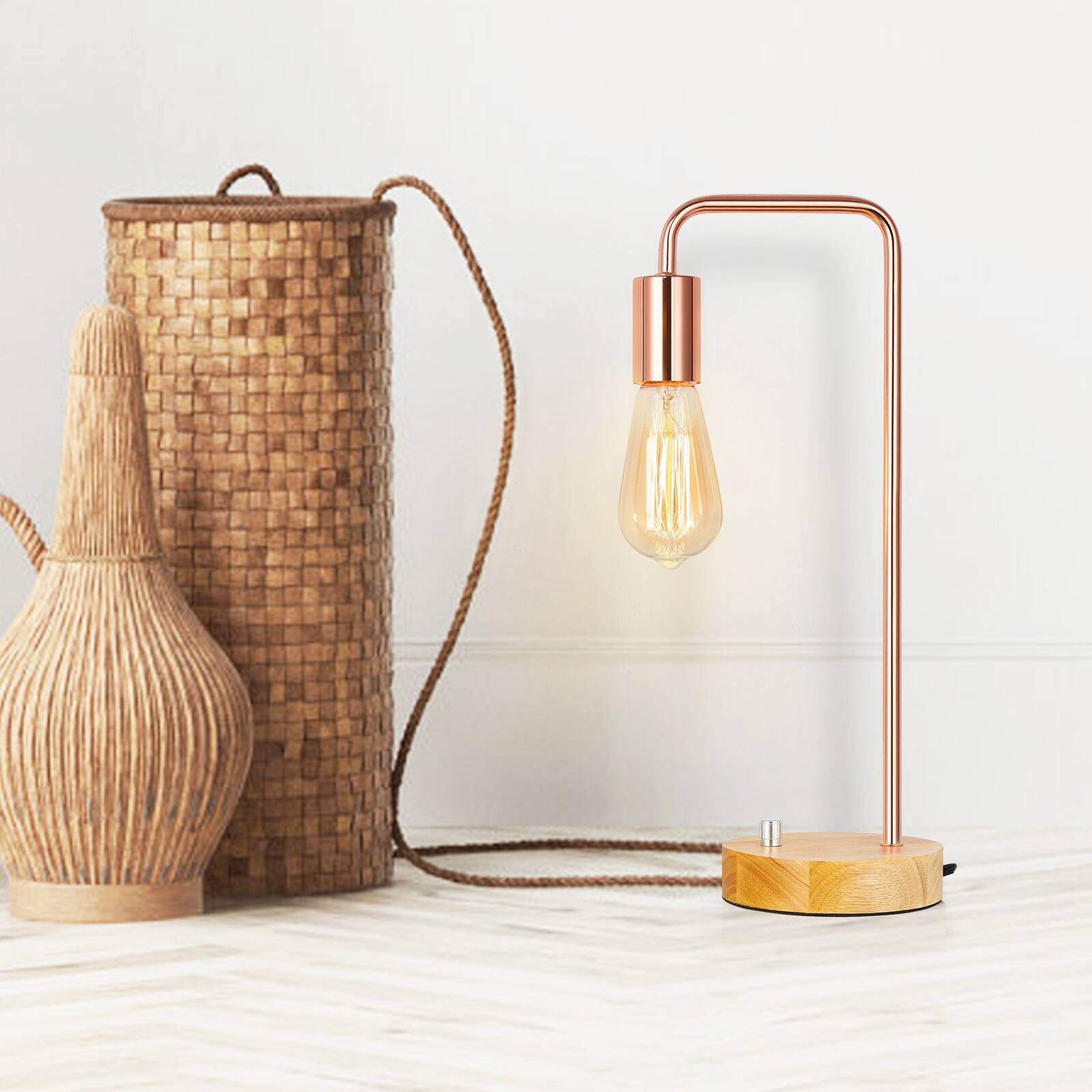 Back. Oumilen - Set of 2 Edison Table Lamp, Industrial Nightstand Lamps, Rose Gold Desk Lamp with Wood Base.
