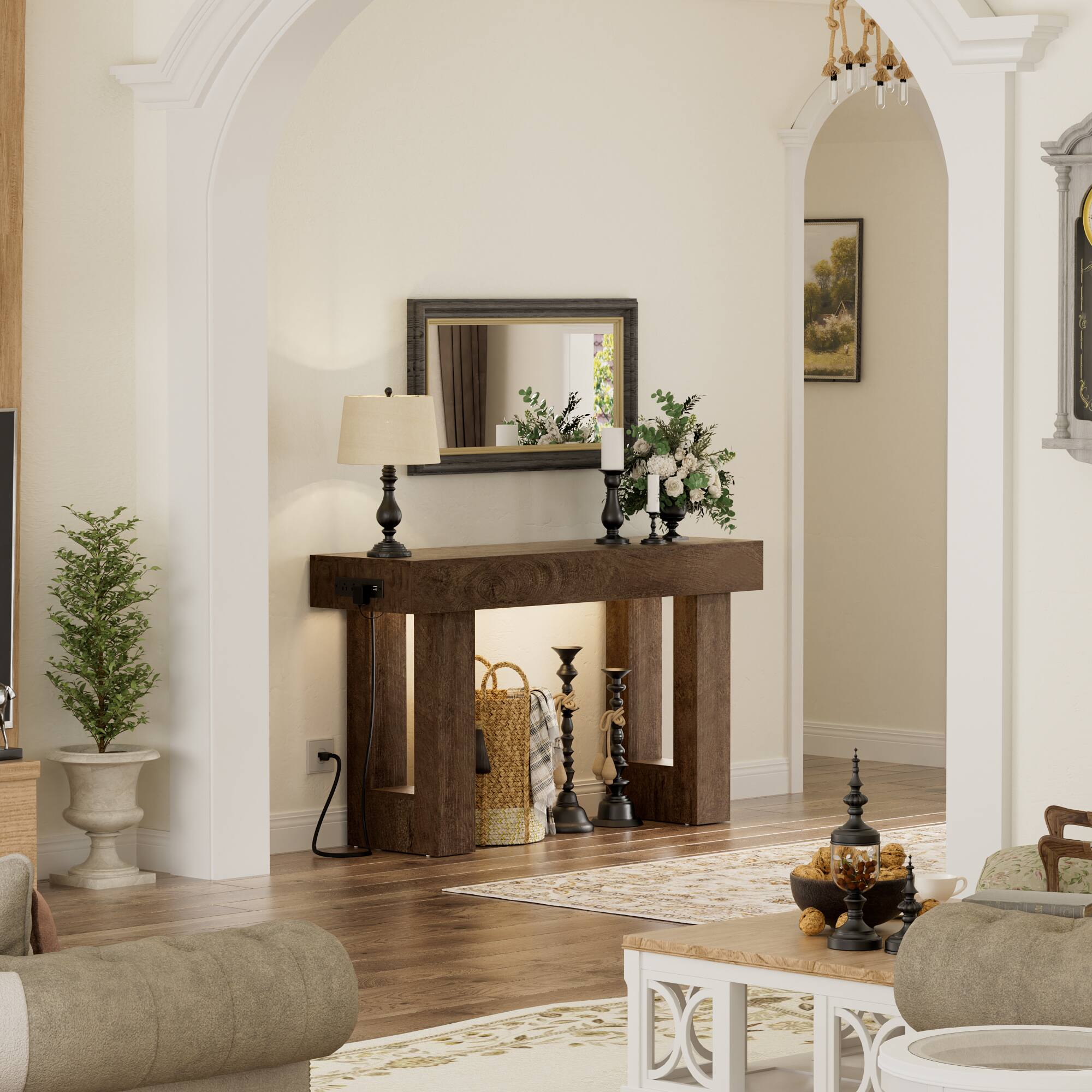 Alt View 2. Aheaplus - 47" Farmhouse Narrow Console Table - Socket, Sensor Light & Storage for Entryway/Hallway/Living Room - Rustic Oak.