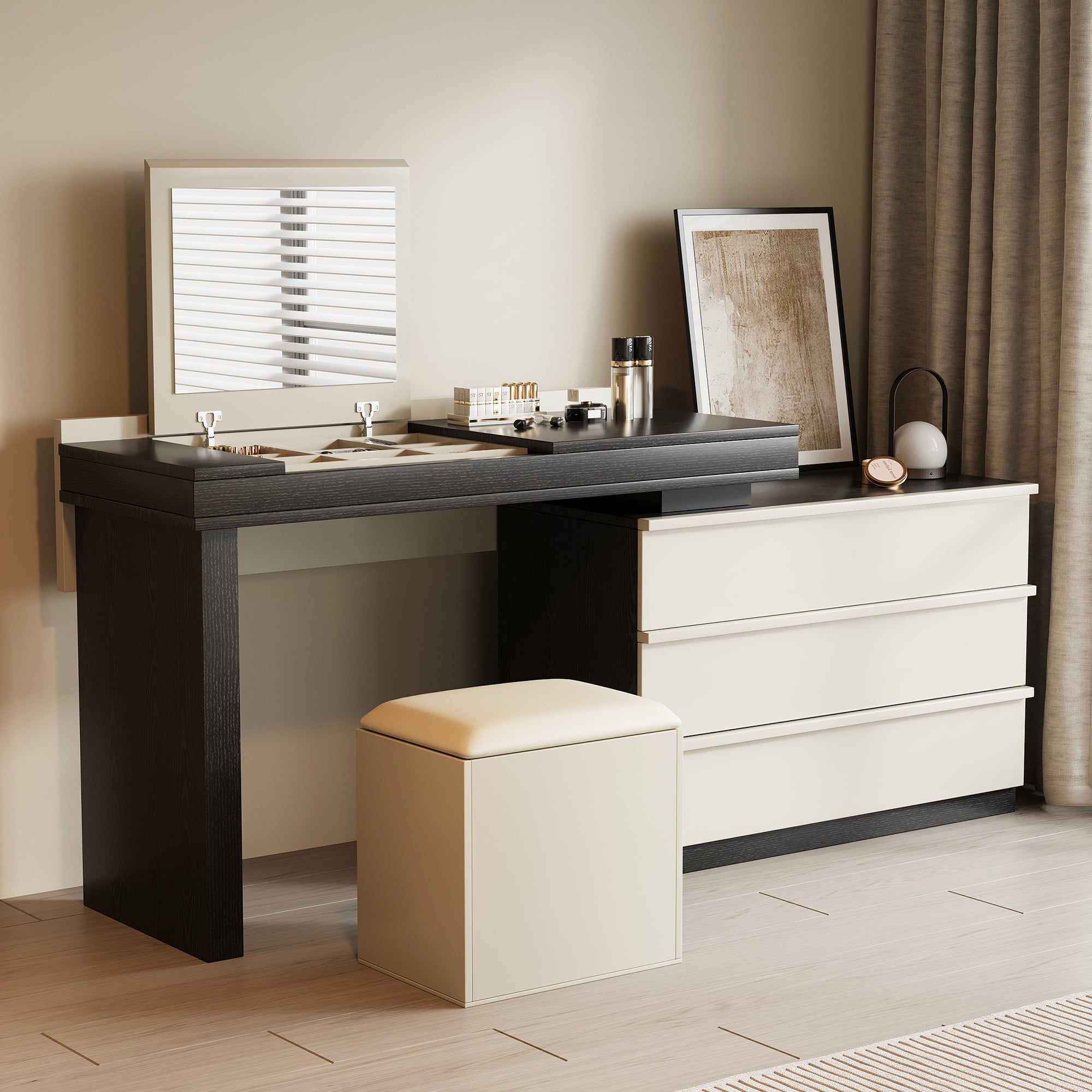 Front. luck idea - 47.12" Extendable Dressing Table with Vanity Stool, Mirror and Three Storage Drawers - Black.