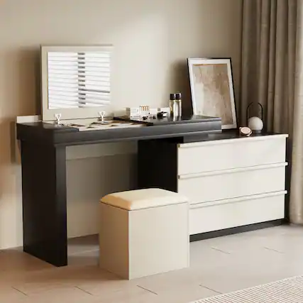 Front. luck idea - 47.12" Extendable Dressing Table with Vanity Stool, Mirror and Three Storage Drawers - Black.
