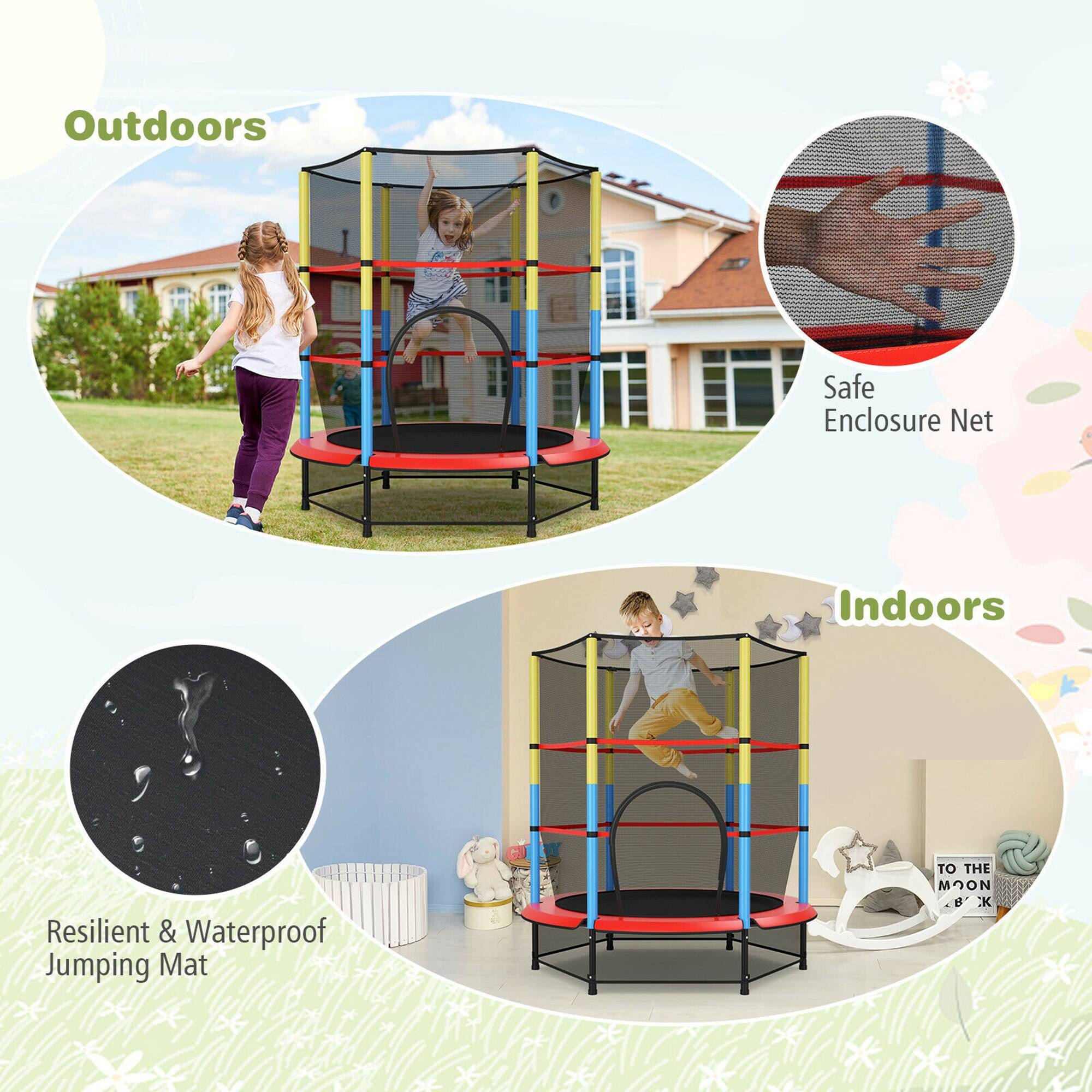 Outdoors  
Safe Enclosure Net  

Indoors  
Resilient & Waterproof Jumping Mat  

TO THE MOON & BACK