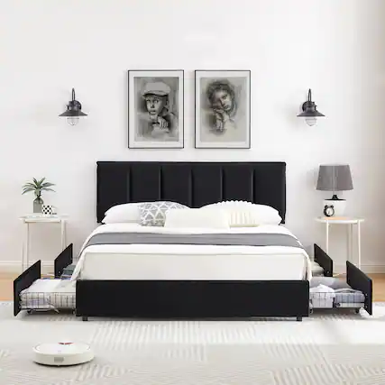 Front. Vecelo - Full Upholstered Bed Frame with 4 Storage Drawers, Adjustable Velvet Headboard, No Box Spring Needed, Metal Platform - Black.