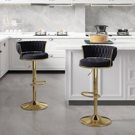 Vecelo - Set of 2 Velvet Adjustable Bar Stools, 360 Swivel Bar Chairs with Back, Modern Counter Height Stools with Gold Base - Black